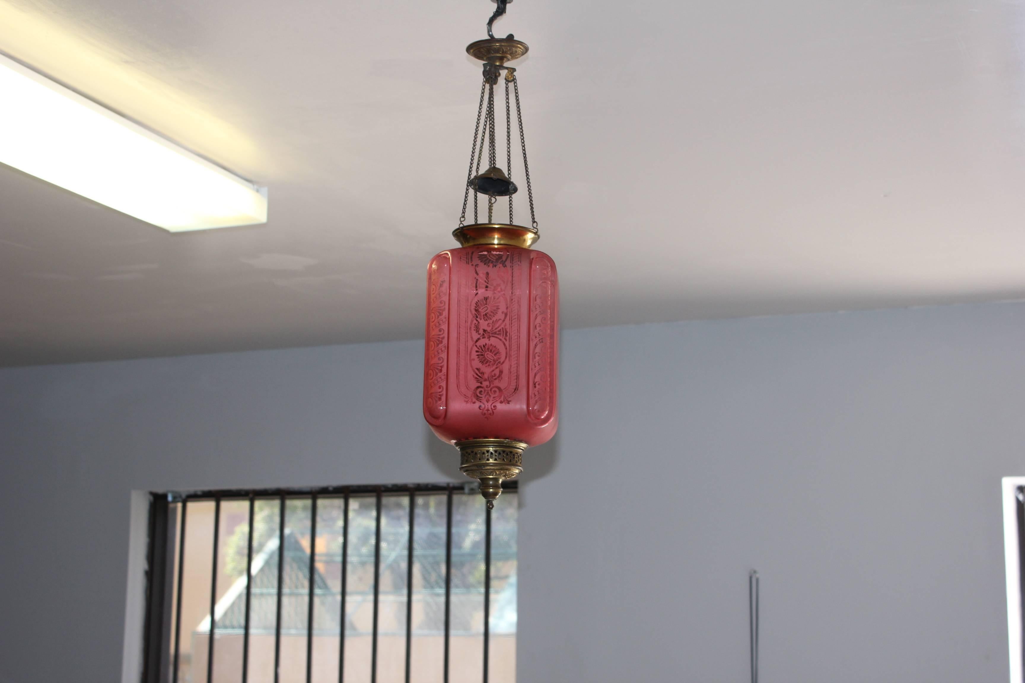 Fine French Pink Oil Lantern or Pendant Signed by ''Baccarat'', circa 1900 1