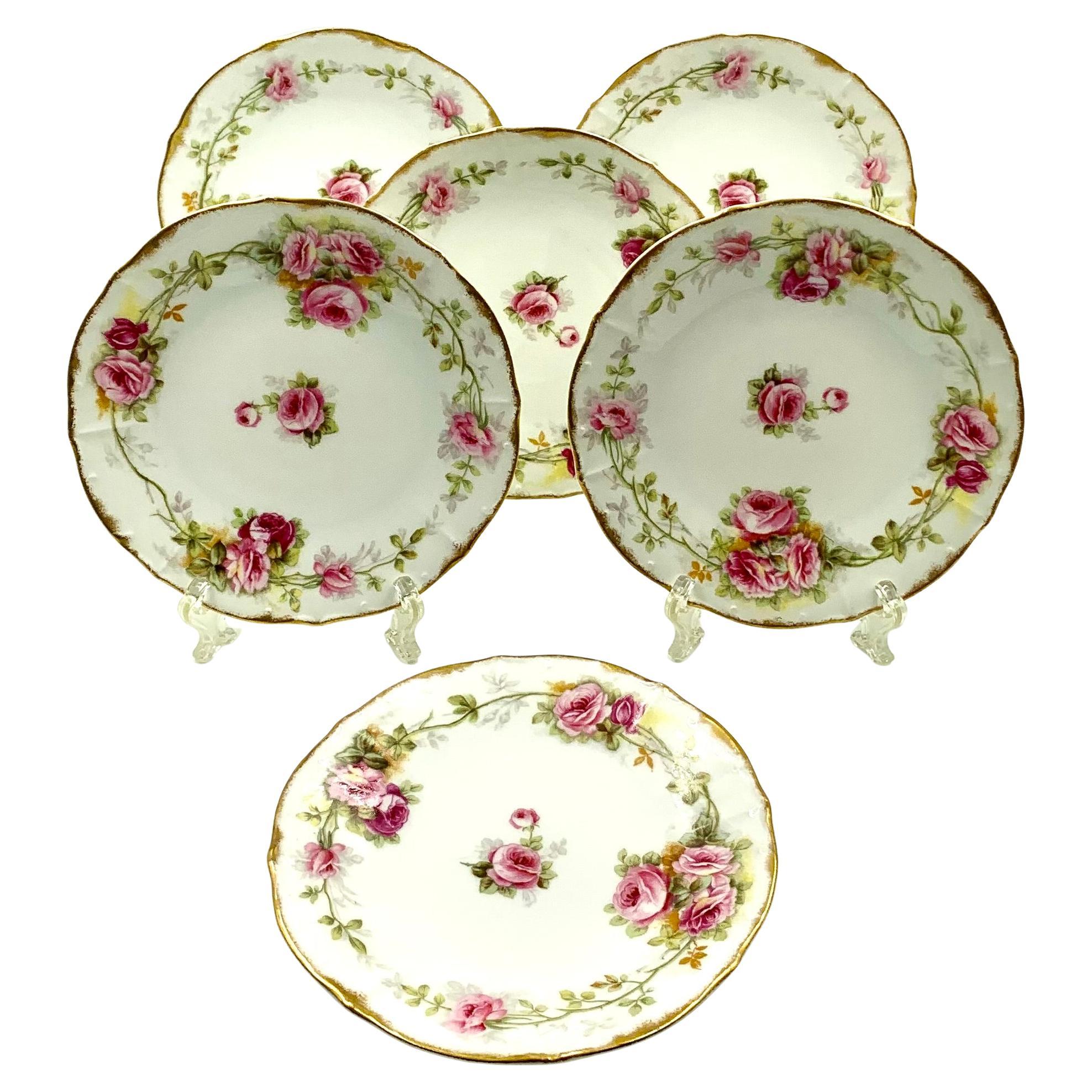 Set di sei piatti da dessert in porcellana Antique French Rose de France, Limoges