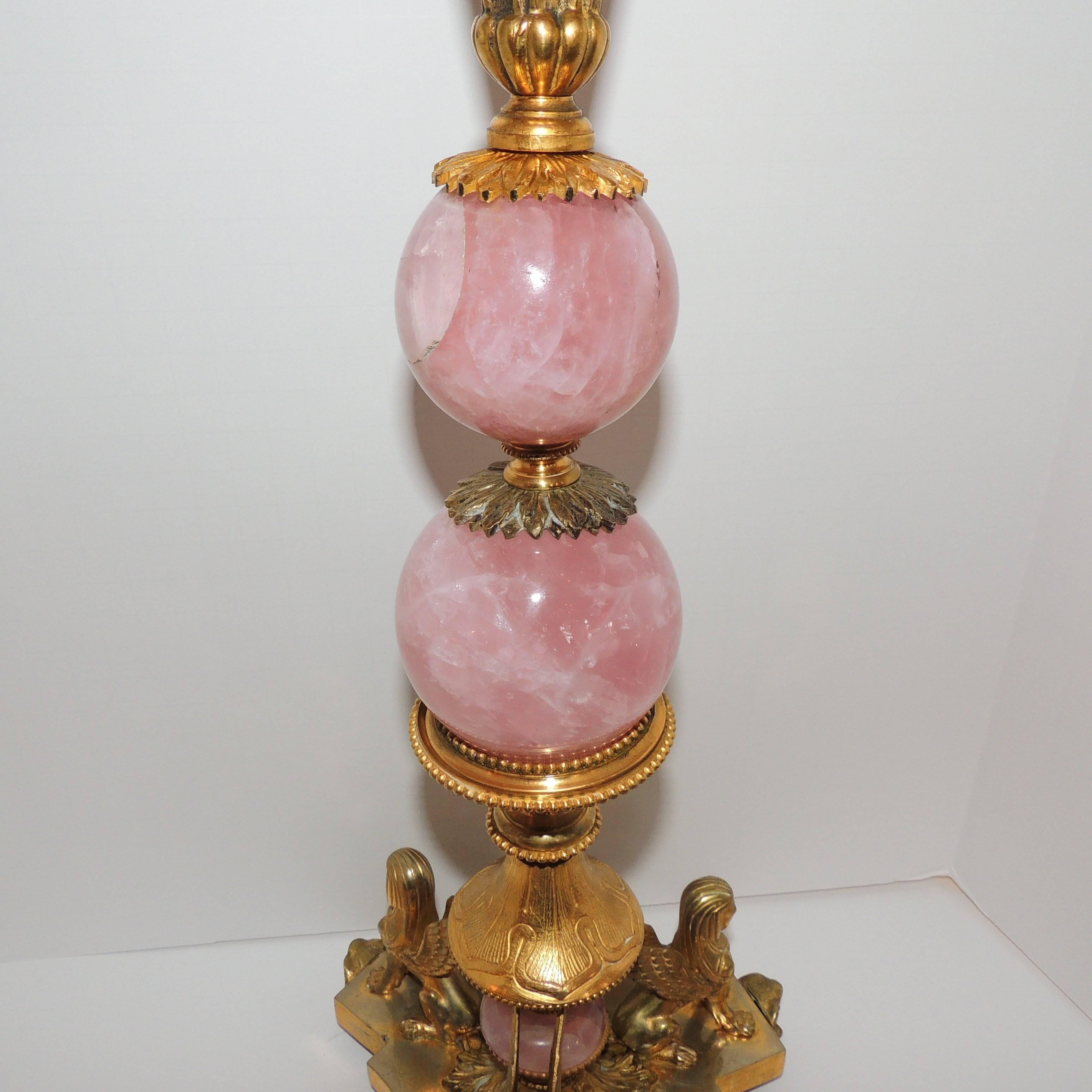 Fine French Regency Empire Bronze Neoclassical Rose Quartz Rock Crystal Lamp In Good Condition In Roslyn, NY