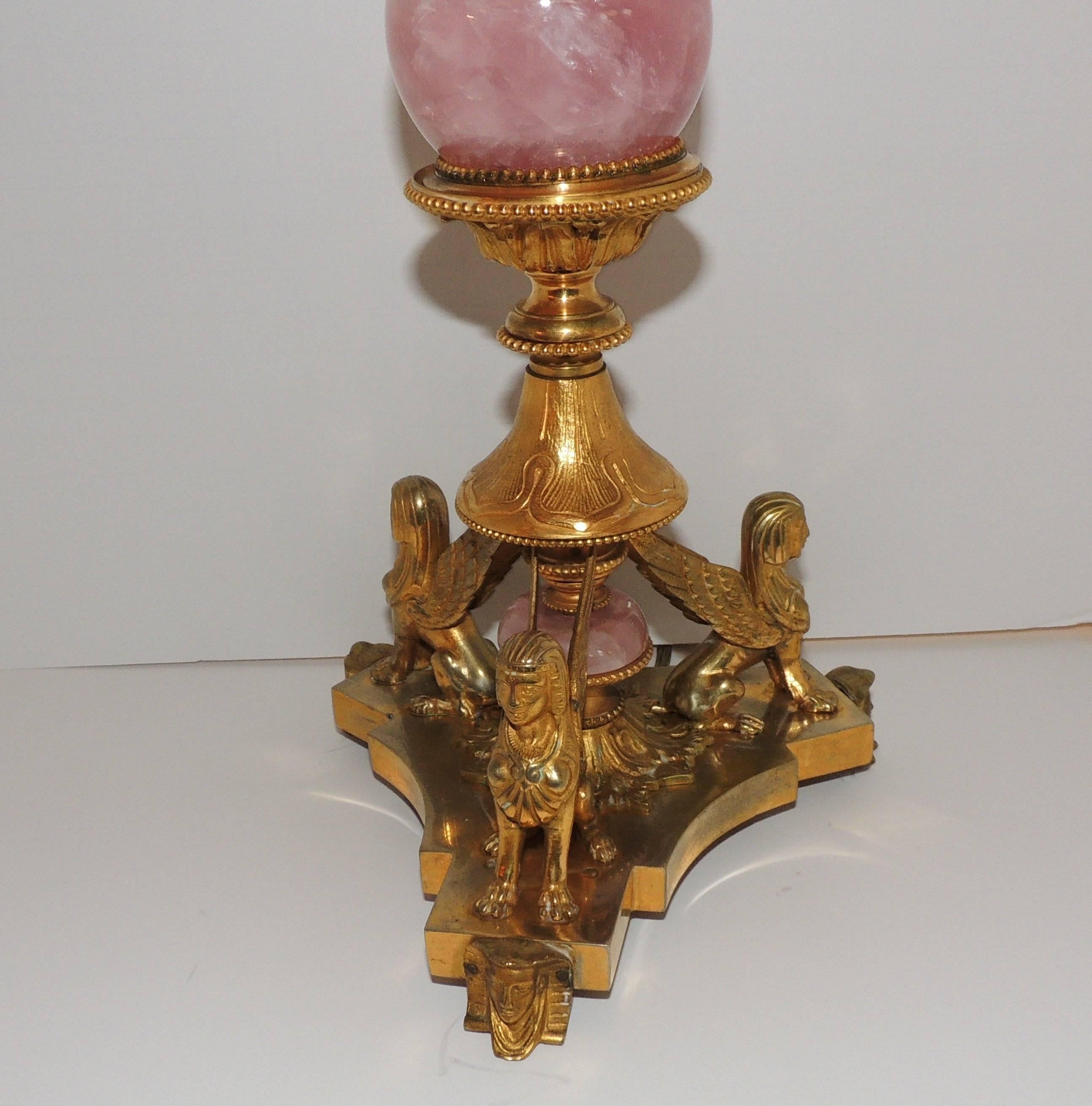 Mid-20th Century Fine French Regency Empire Bronze Neoclassical Rose Quartz Rock Crystal Lamp