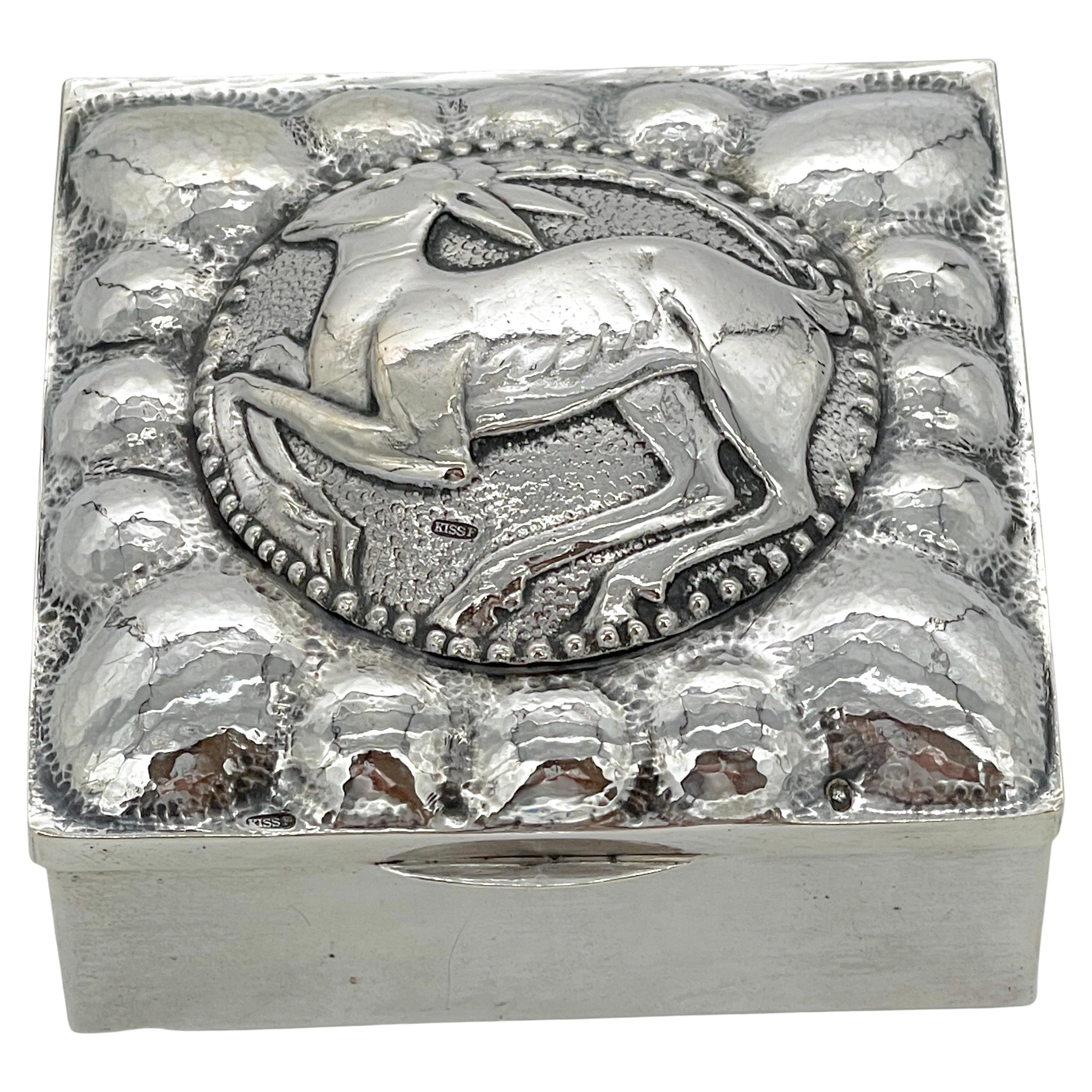 Fine French Sterling Art Deco Ram Motif Square Table Box, Circa 1925