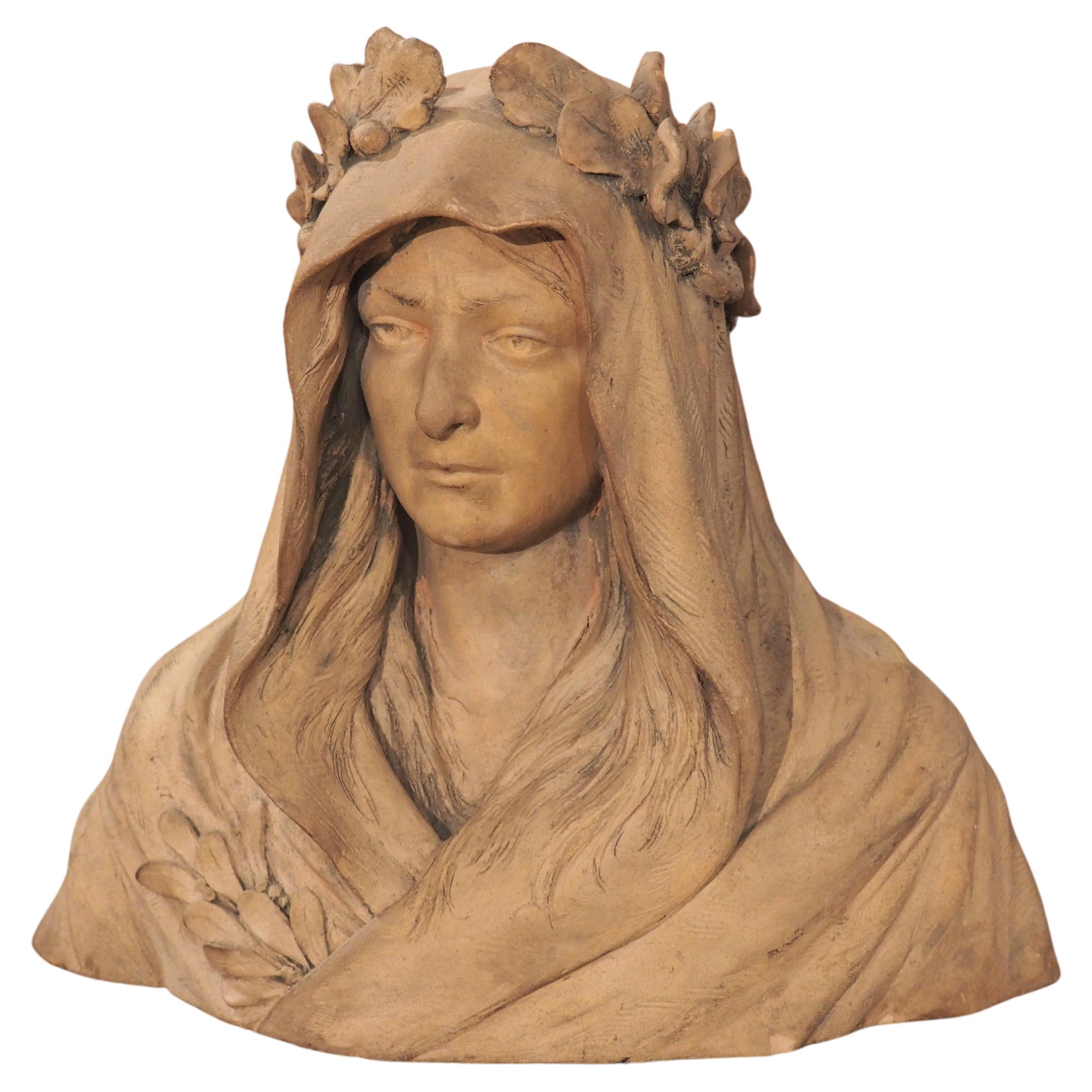 Fine French Terracotta Bust of a Woman with Wreath and Veil, 19th/20th Century For Sale