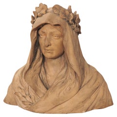 Fine French Terracotta Bust of a Woman with Wreath and Veil, 19th/20th Century