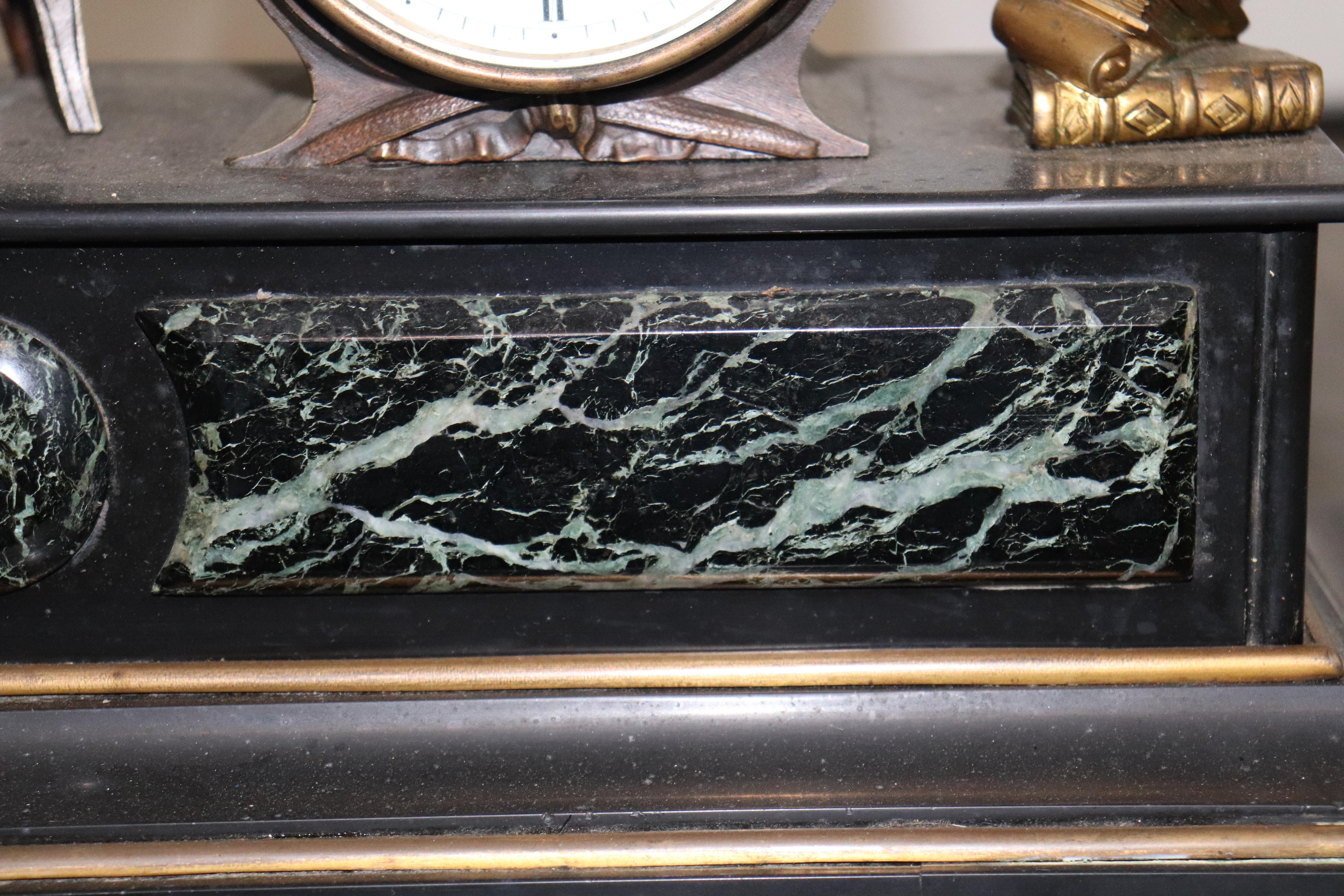 Fine French Verdi Marble and Bronze Mantel Clock of an Enrobed Wise Old Scholar For Sale 3