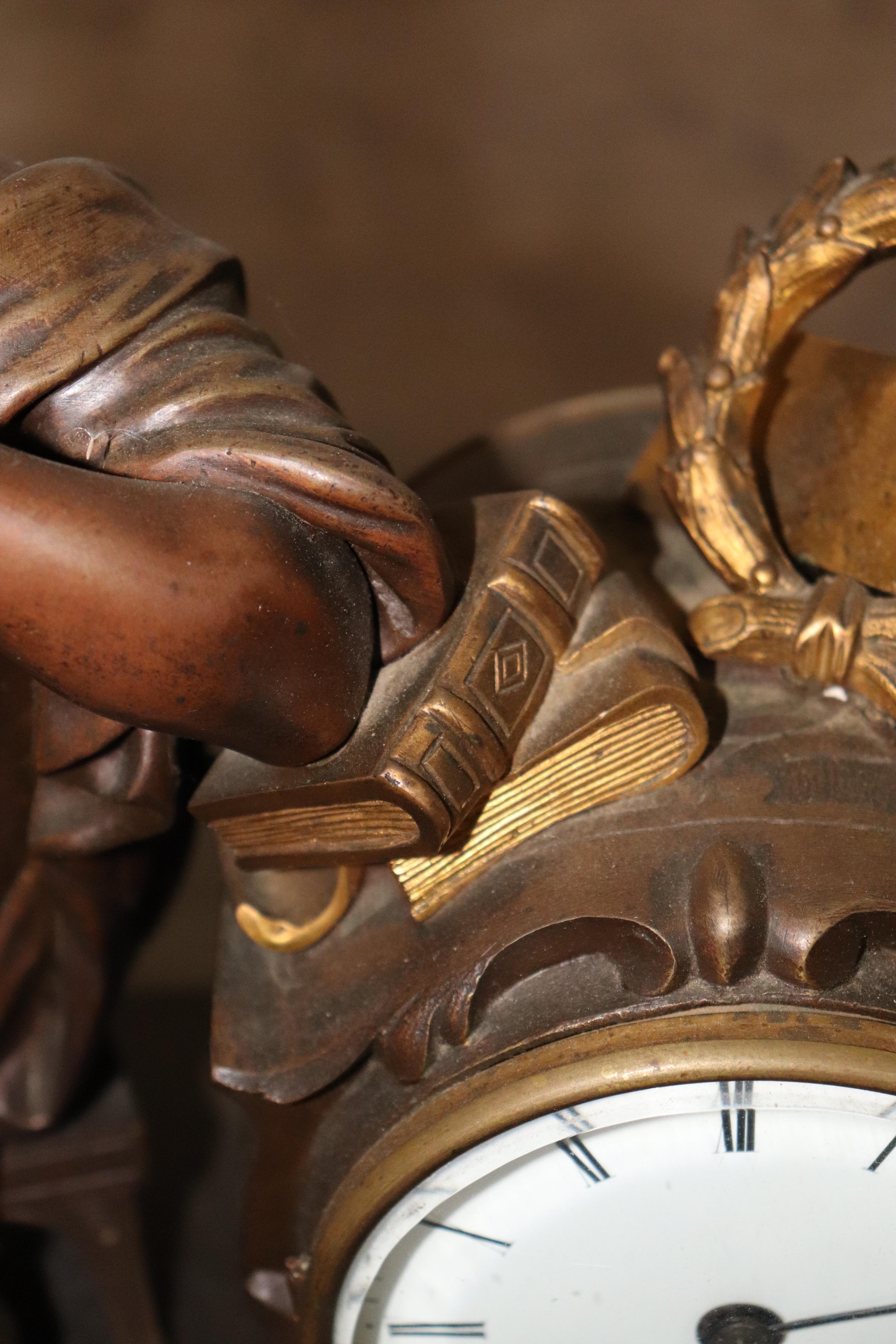 Fine French Verdi Marble and Bronze Mantel Clock of an Enrobed Wise Old Scholar For Sale 8