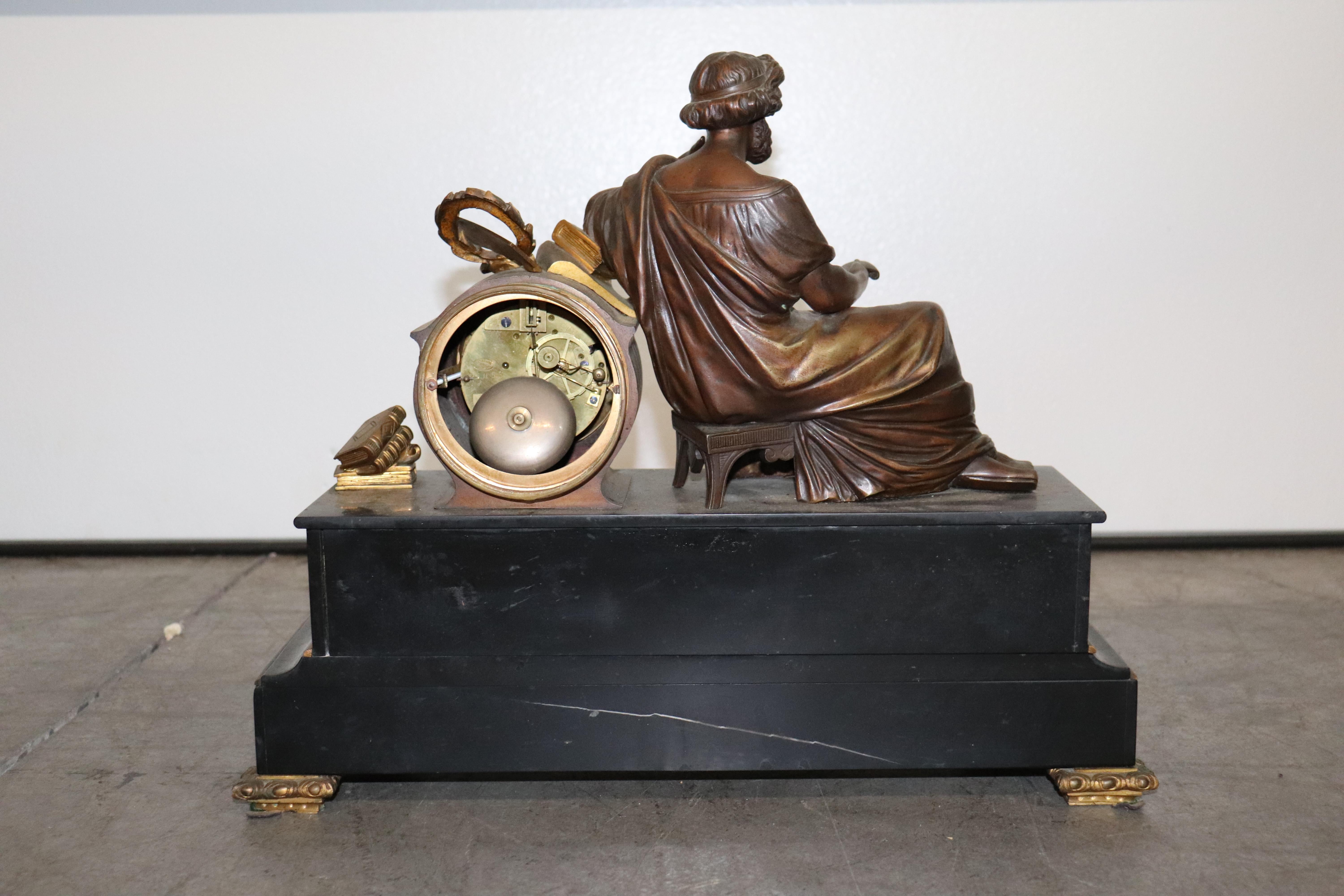 Fine French Verdi Marble and Bronze Mantel Clock of an Enrobed Wise Old Scholar In Good Condition For Sale In Swedesboro, NJ