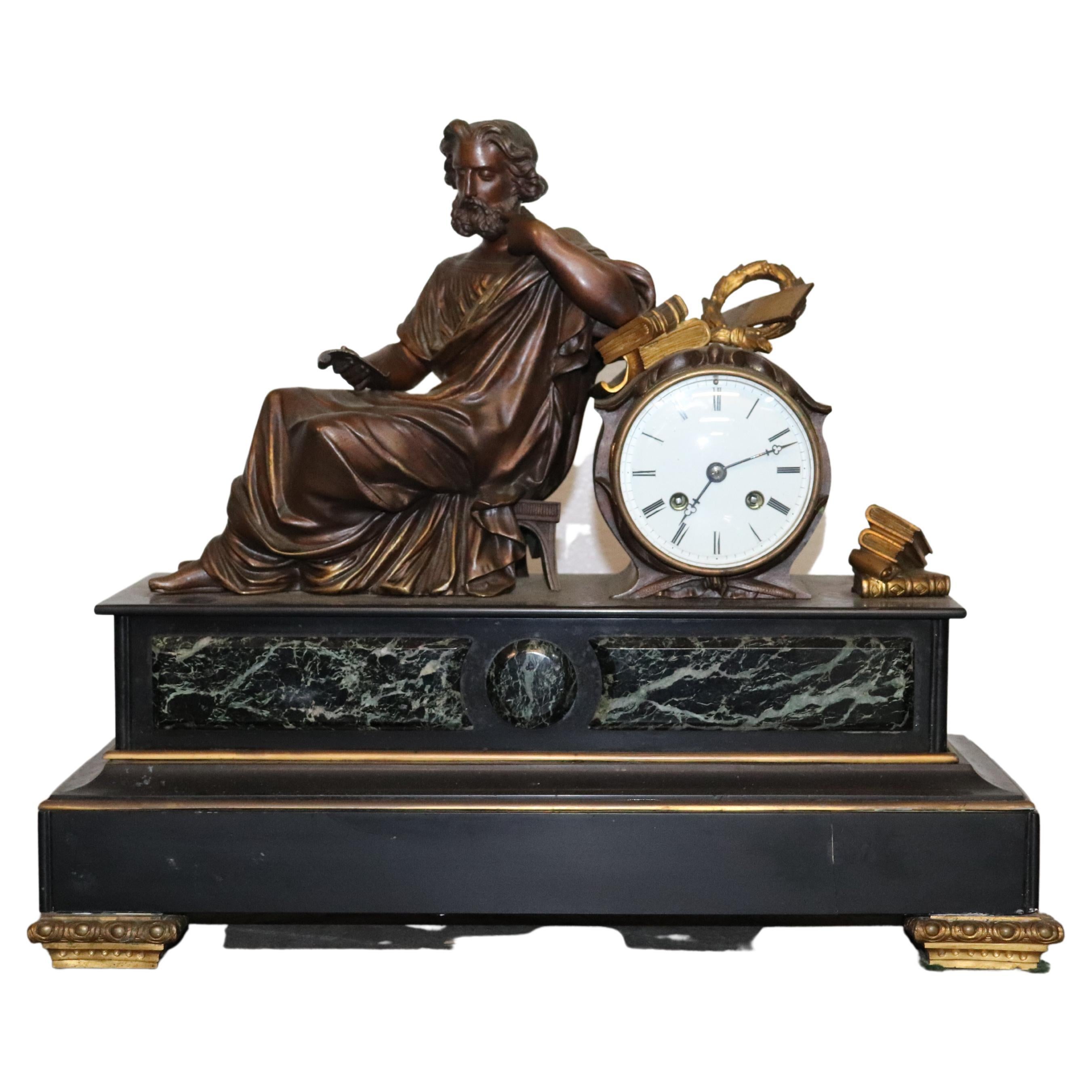 Fine French Verdi Marble and Bronze Mantel Clock of an Enrobed Wise Old Scholar