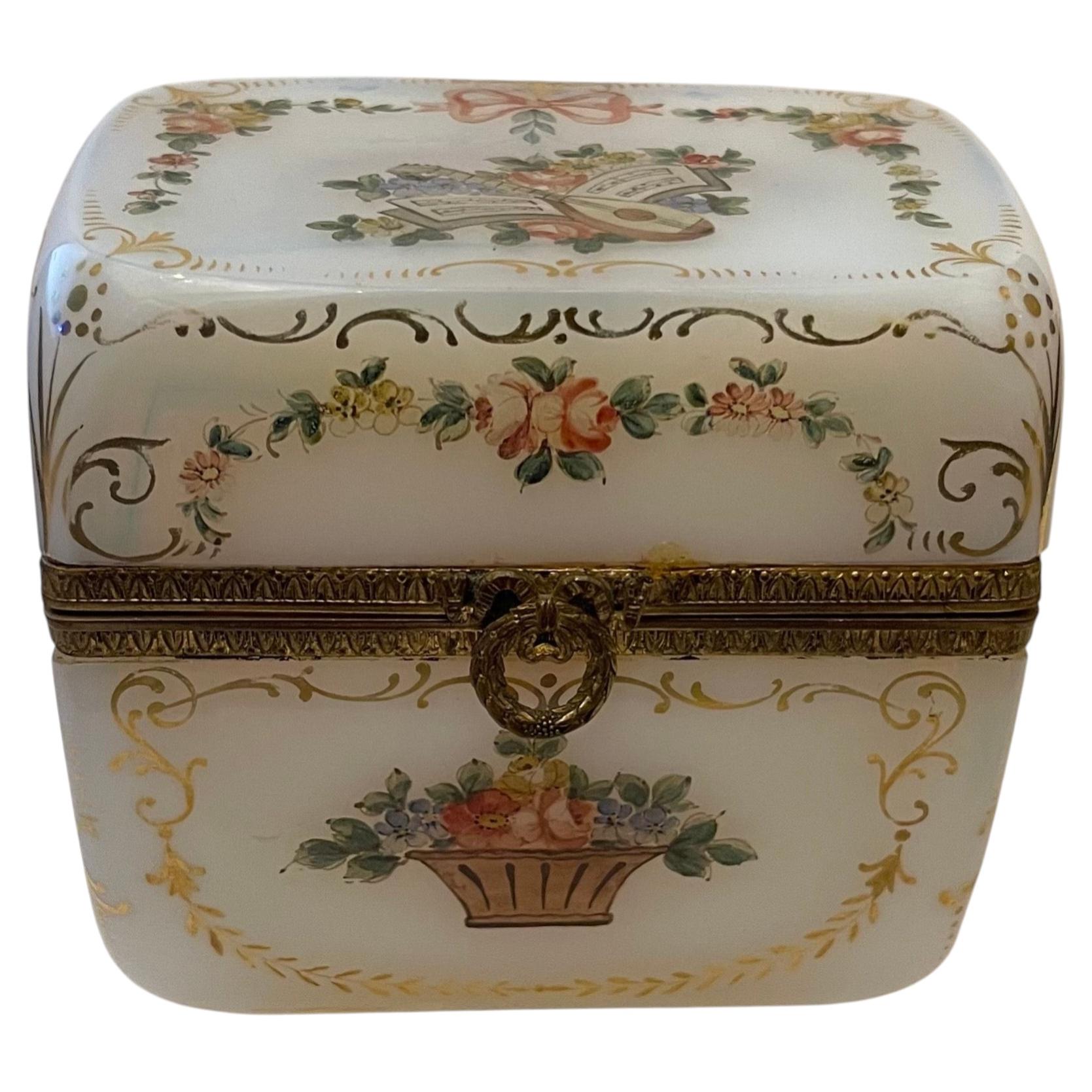 Fine French White Opaline Glass Ormolu Bronze Hand Painted Jewelry Vanity Box