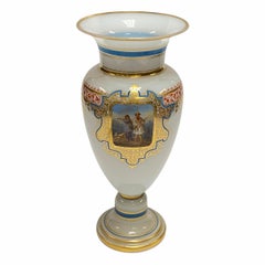 Fine French White Opaline Glass Vase with Painted Hunting Scene