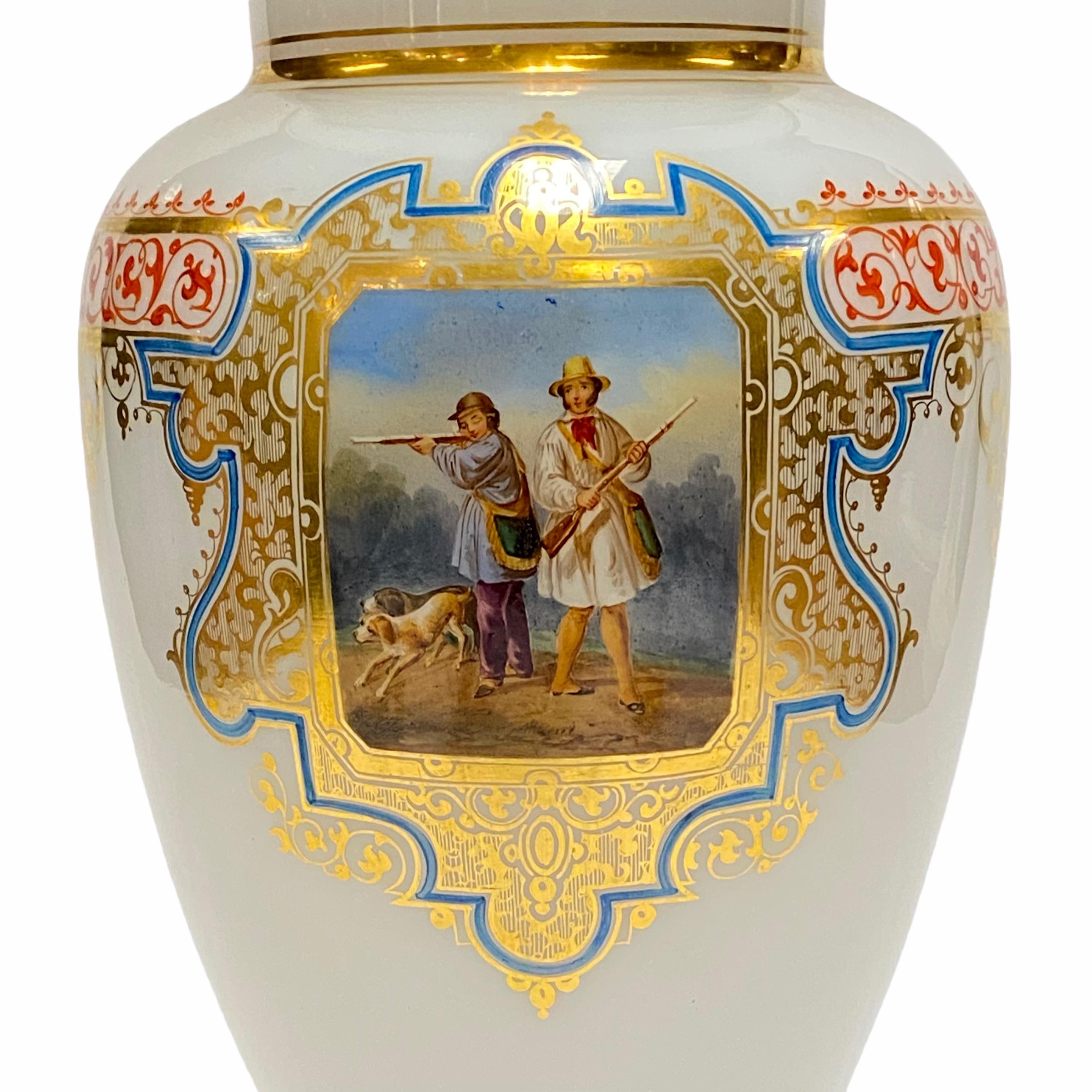 19th Century Fine French White Opaline Glass Vase with Painted Hunting Scene For Sale