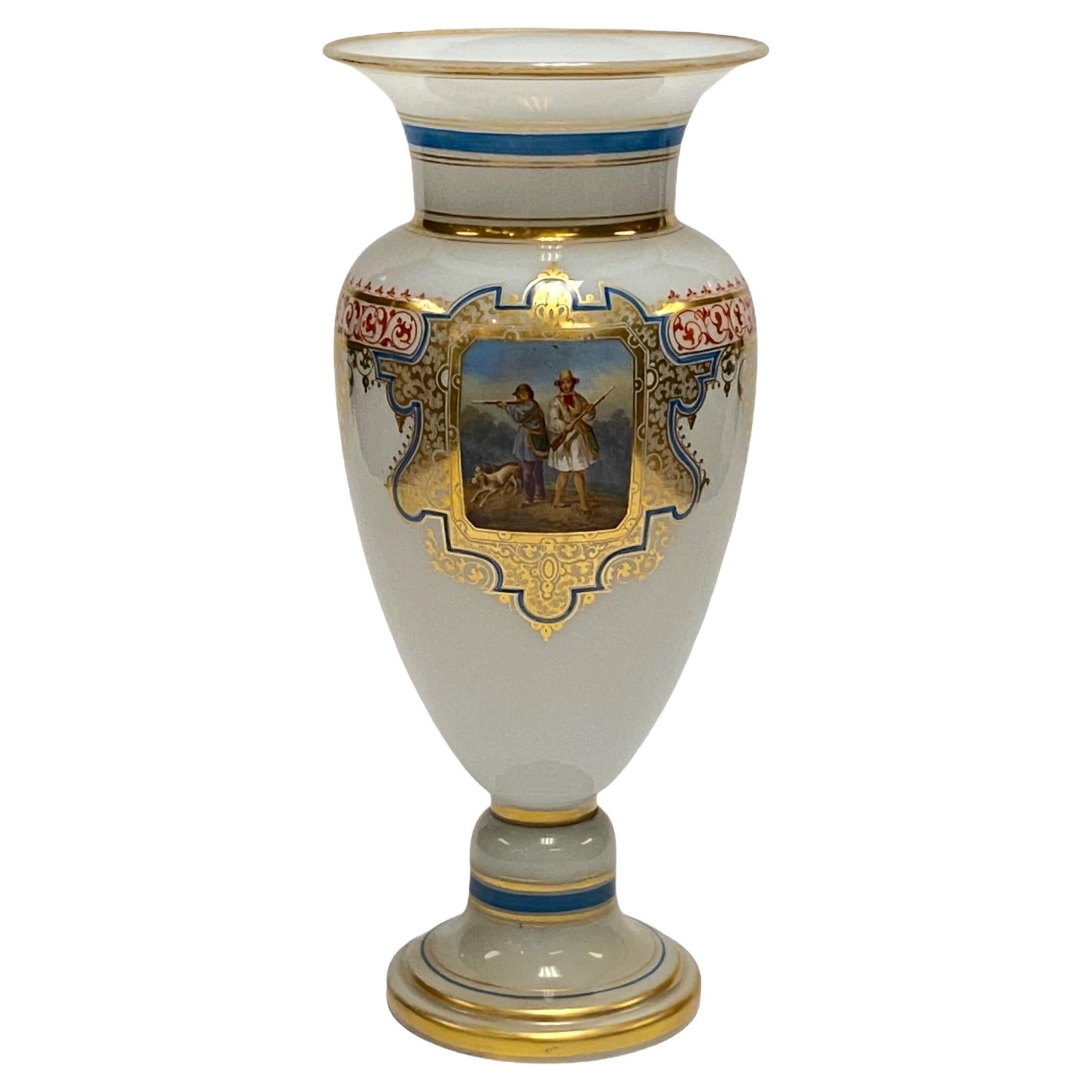 Fine French White Opaline Glass Vase with Painted Hunting Scene For Sale