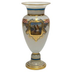 Fine French White Opaline Glass Vase with Painted Hunting Scene