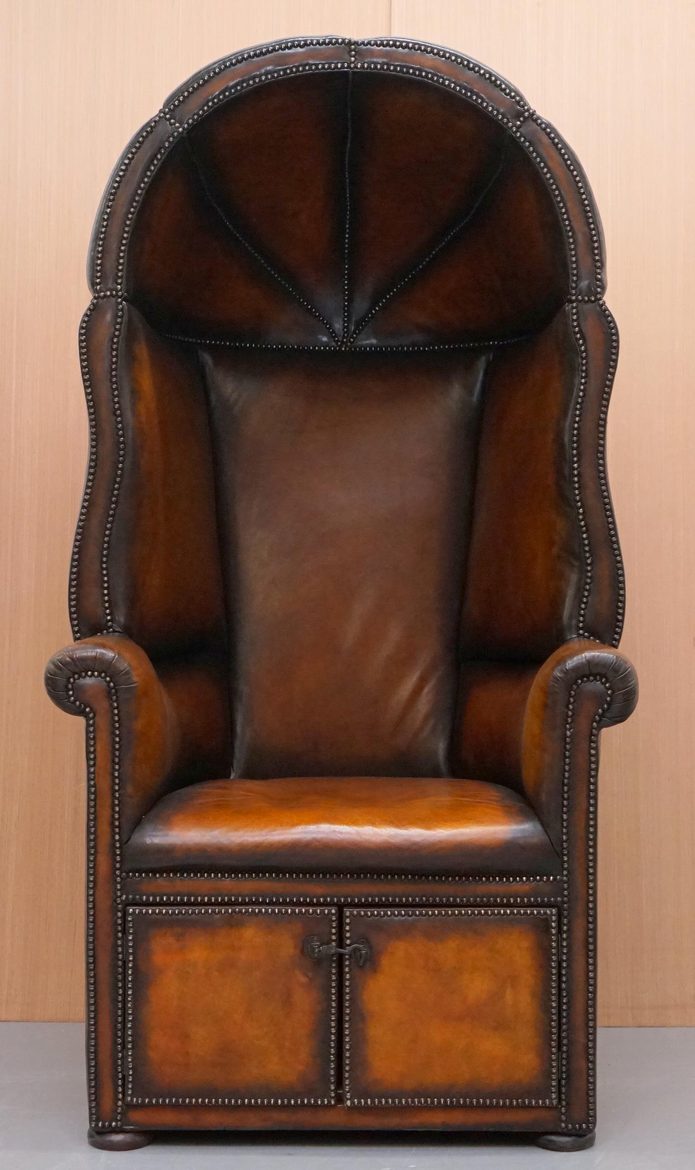 English Fine Fully Restored Regency / Victorian Hand Dyed Brown Leather Porters Armchair