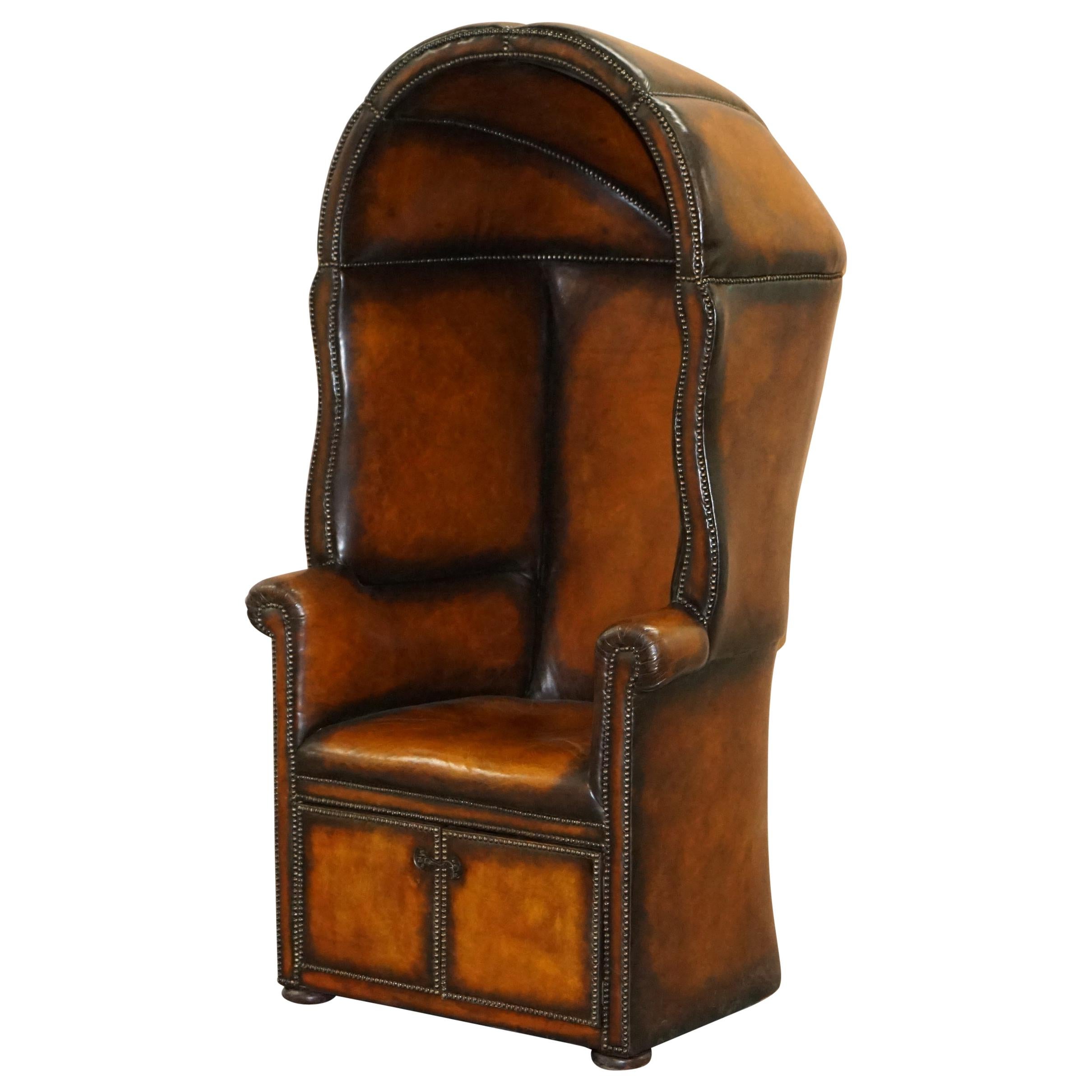 Fine Fully Restored Regency / Victorian Hand Dyed Brown Leather Porters Armchair