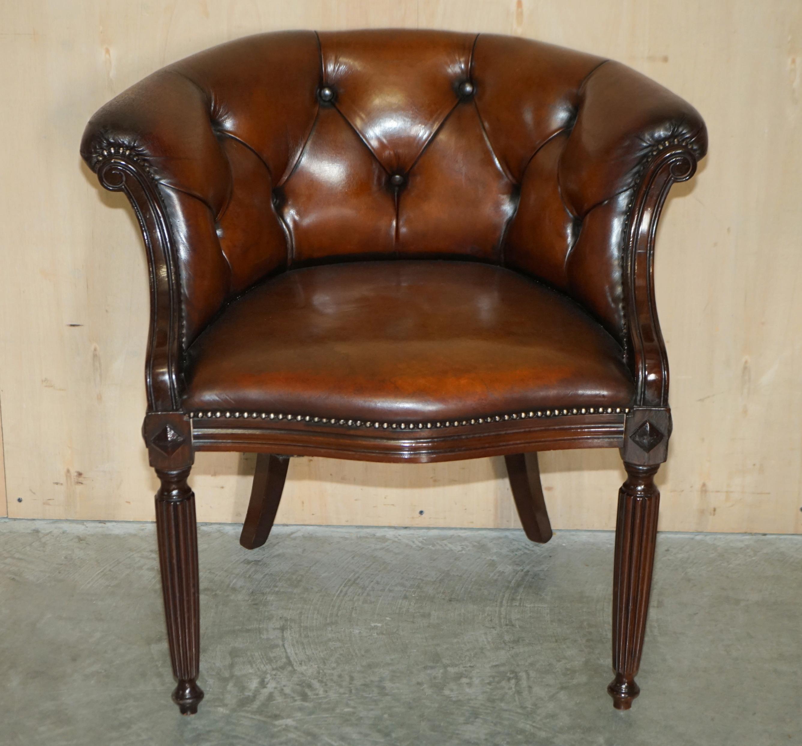 We are delighted to offer for sale this lovely fully restored hand dyed cigar brown leather Chesterfield tub armchair

A very good looking and comfortable armchair, I have some more which are going through the restoration process as we speak and