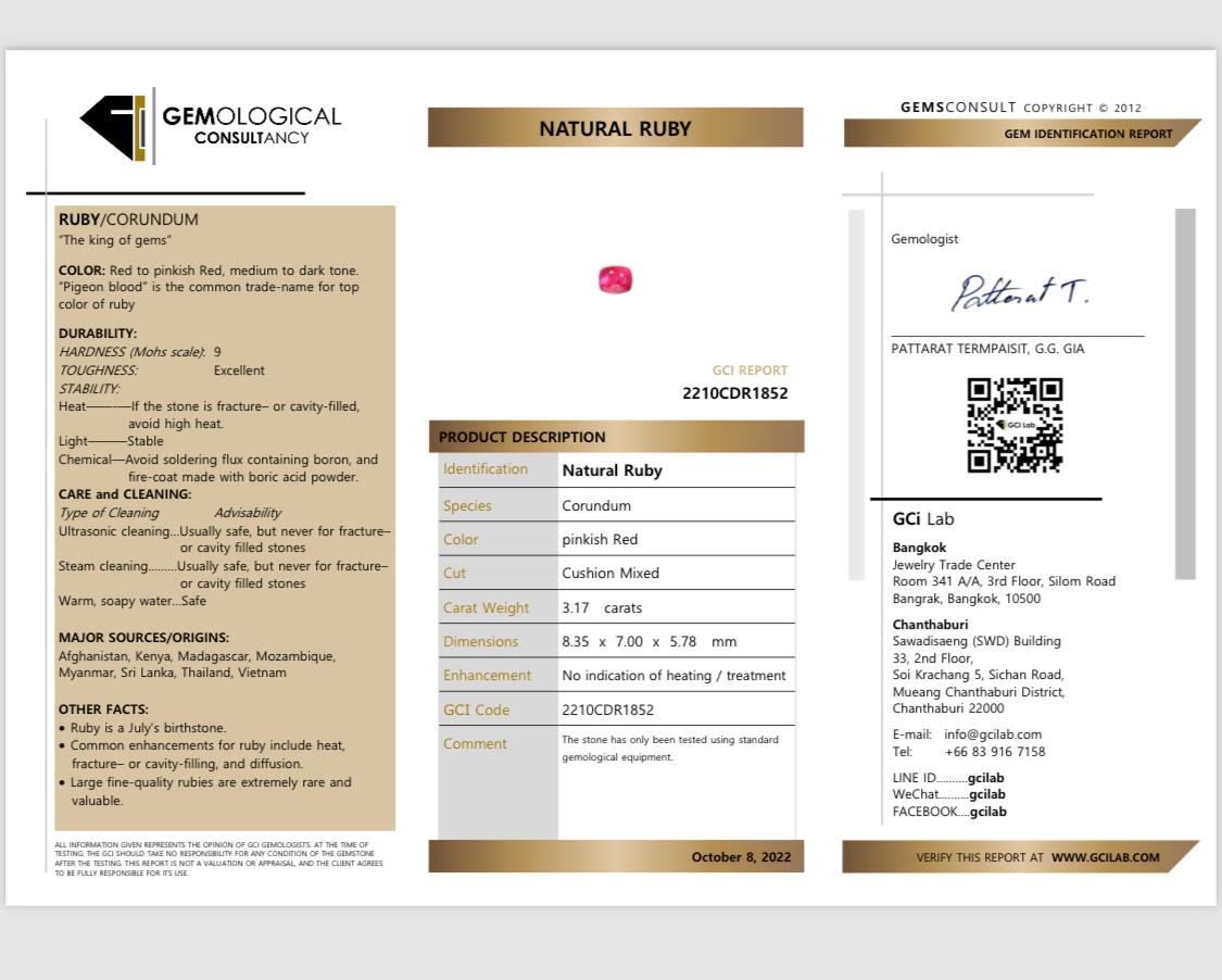 Feiner GCI-zertifizierter 3,17 ct natürlicher, nicht erhitzter Rubin und Diamantring - 18K Gold im Angebot 11