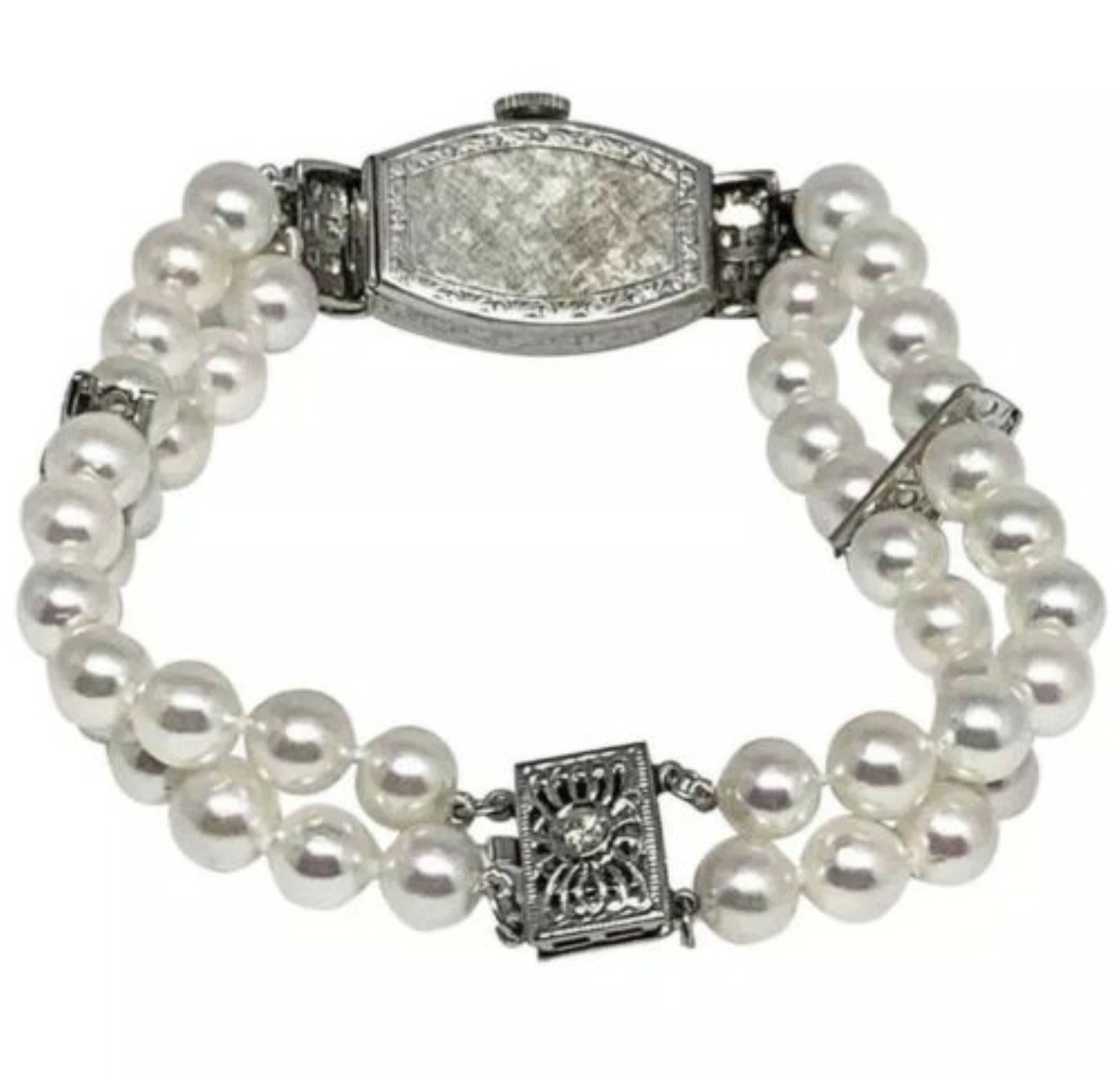 Modern Geneve Diamond Akoya Pearl Platinum Watch Bracelet Certified