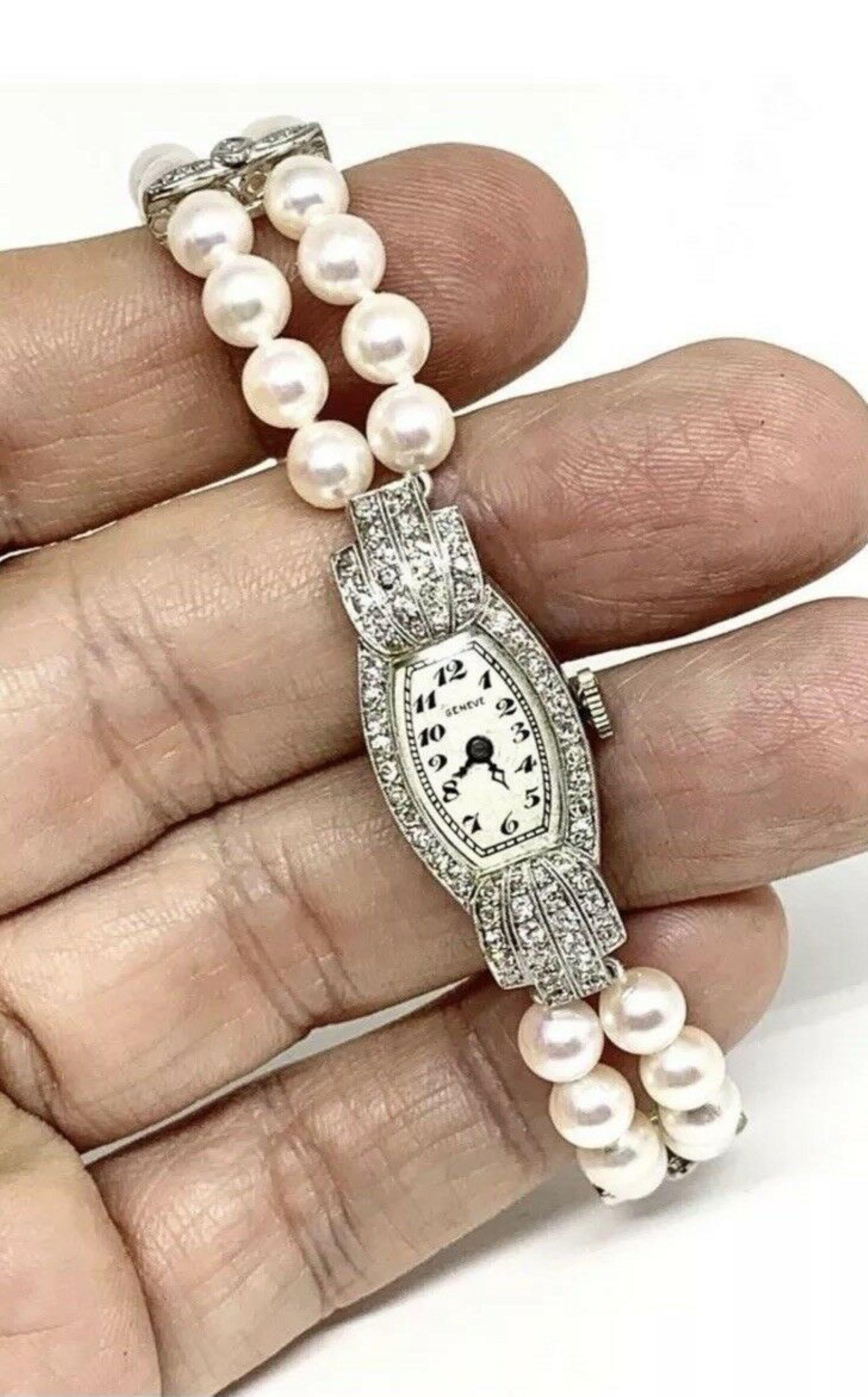 Women's Geneve Diamond Akoya Pearl Platinum Watch Bracelet Certified