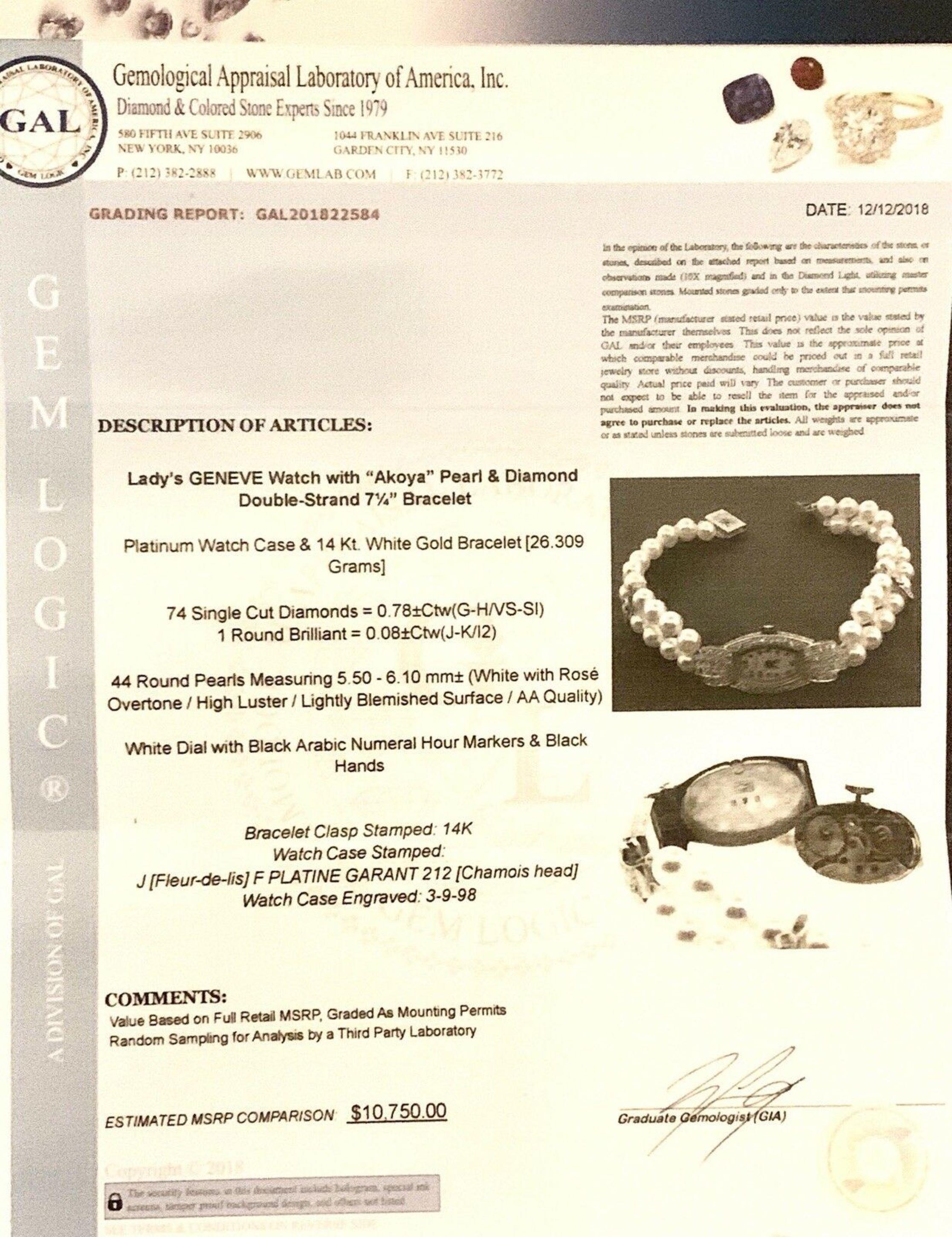 Geneve Diamond Akoya Pearl Platinum Watch Bracelet Certified 1