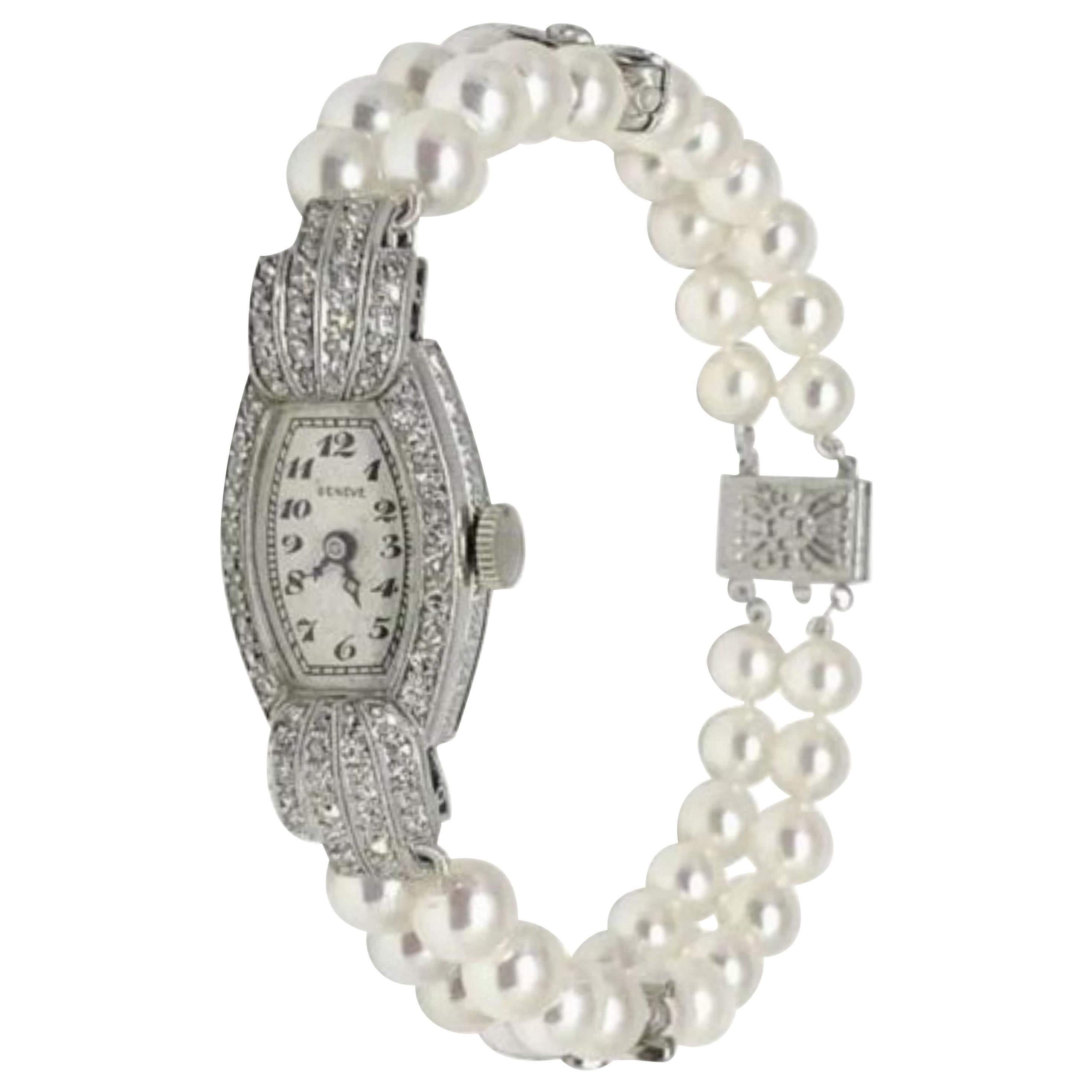 Geneve Diamond Akoya Pearl Platinum Watch Bracelet Certified