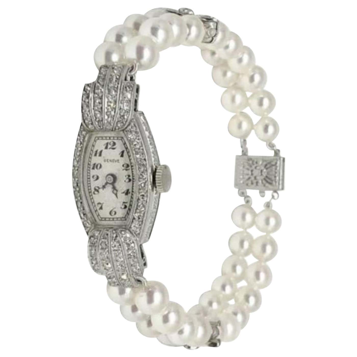 Geneve Diamond Akoya Pearl Platinum Watch Bracelet Certified at 1stDibs ...
