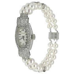 Geneve Diamond Akoya Pearl Platinum Watch Bracelet Certified