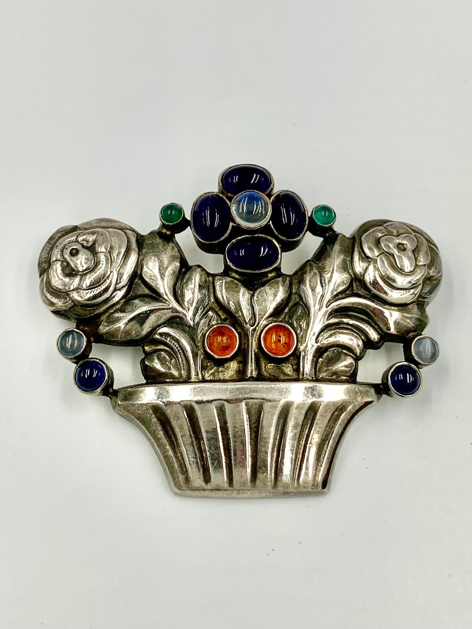 Women's or Men's Fine Georg Jensen Amethyst Amber Moonstone Sapphire Flower Basket Brooch, 1940's For Sale