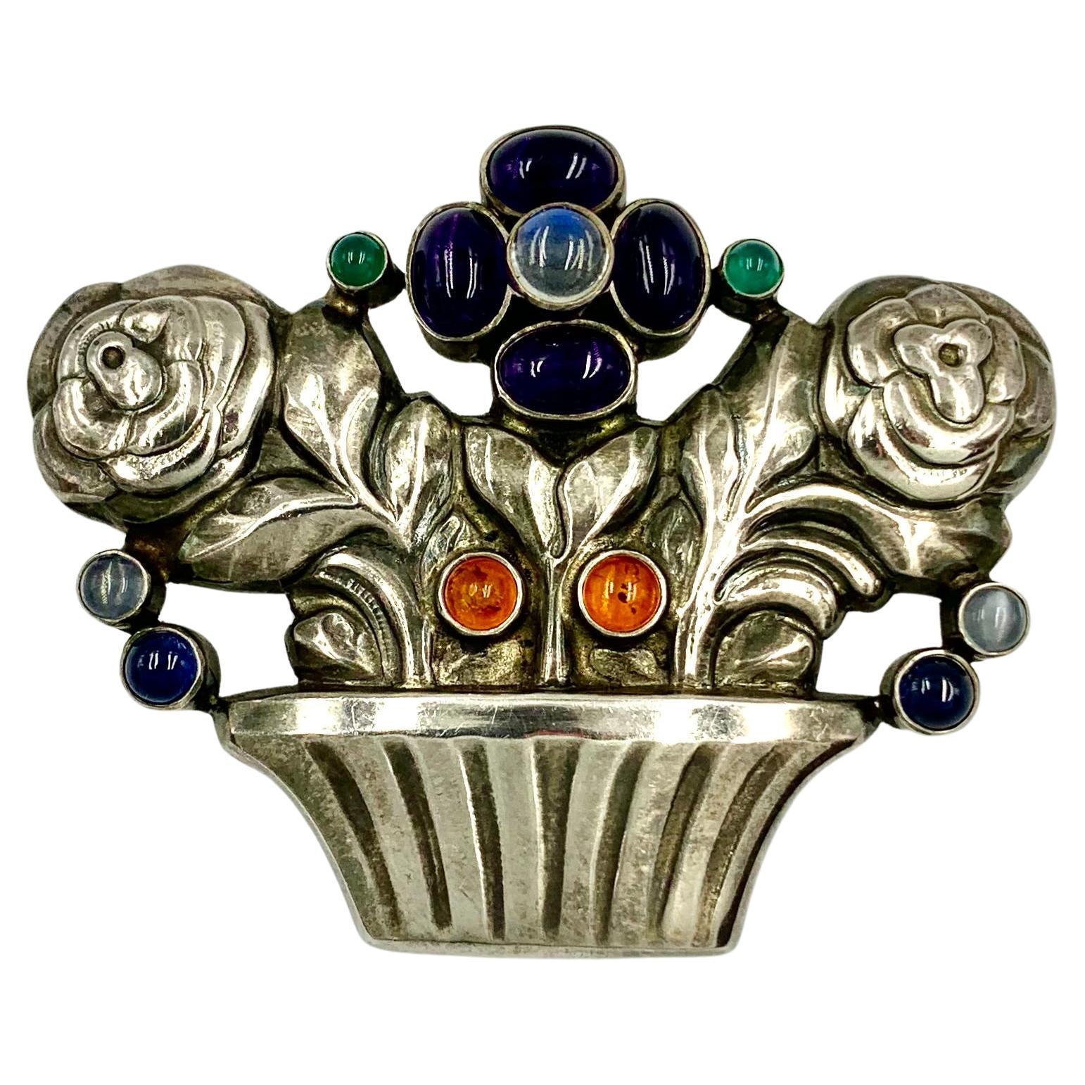 Fine Georg Jensen Amethyst Amber Moonstone Sapphire Flower Basket Brooch, 1940's For Sale