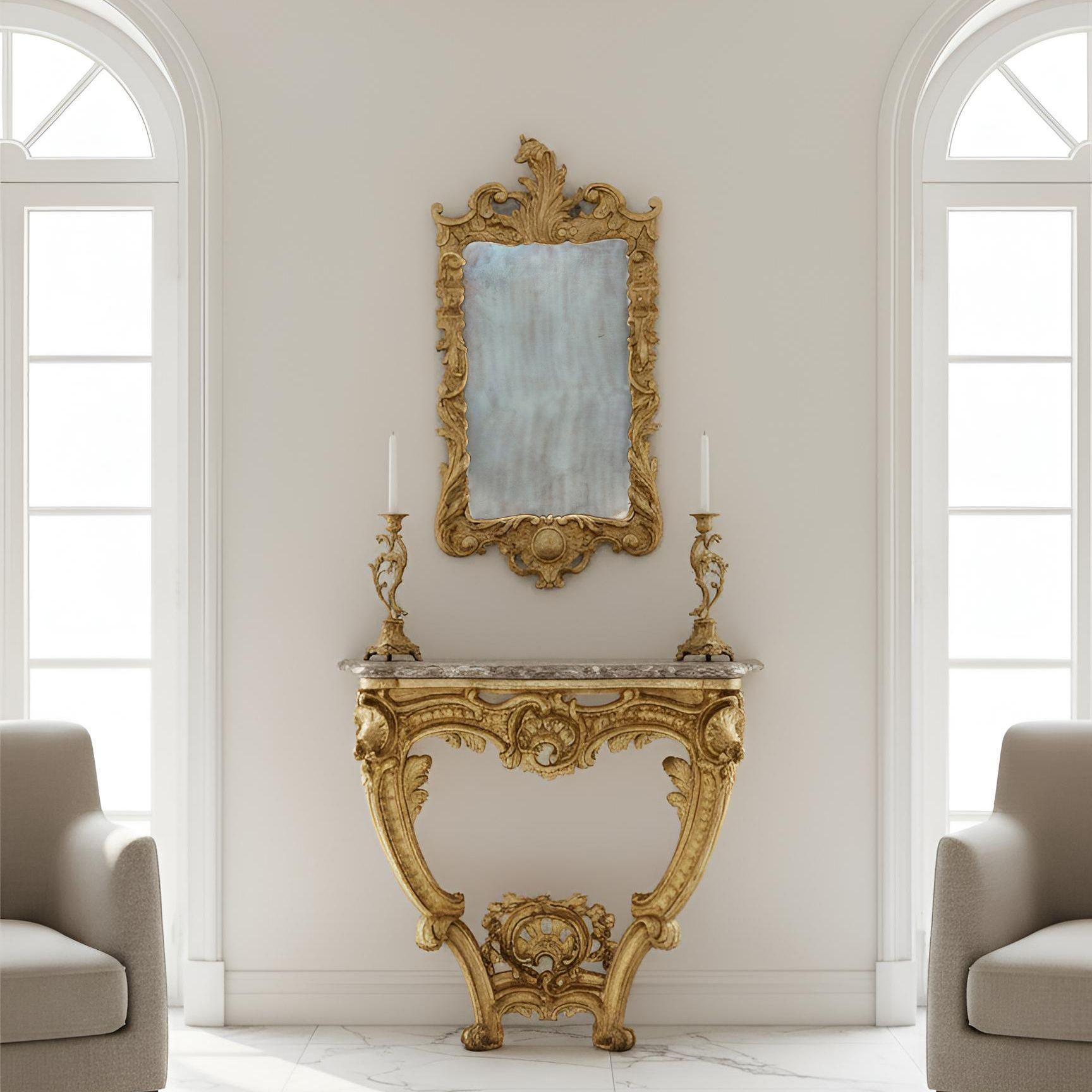 MIROIR MURAL EN BOIS DORÉ SCULPTÉ GEORGE II
Royaume-Uni, probablement écossais
Circa 1750

38 7/8