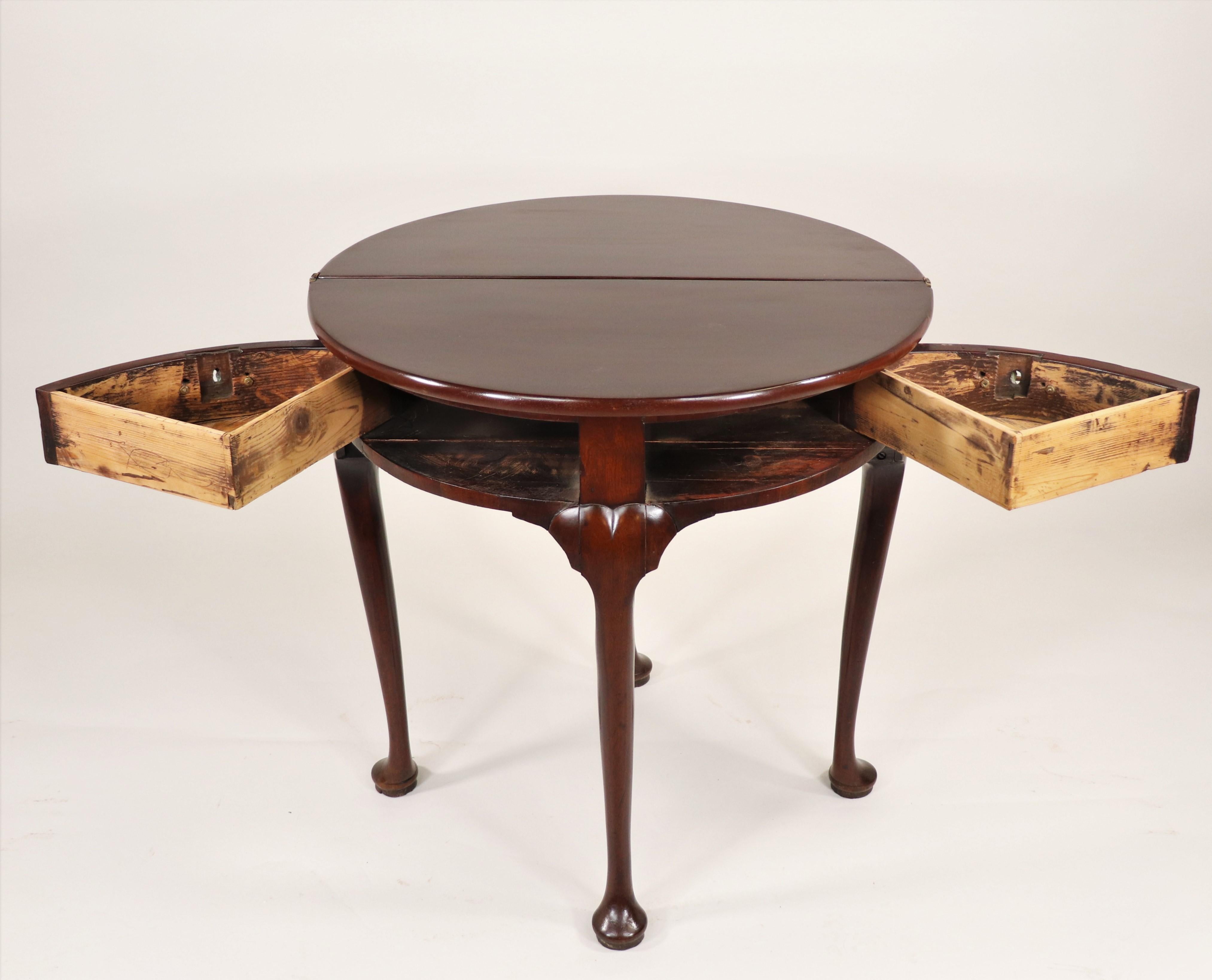 Hand-Carved Fine George III English Mahogany Demilune Table with Two Swing Drawers For Sale