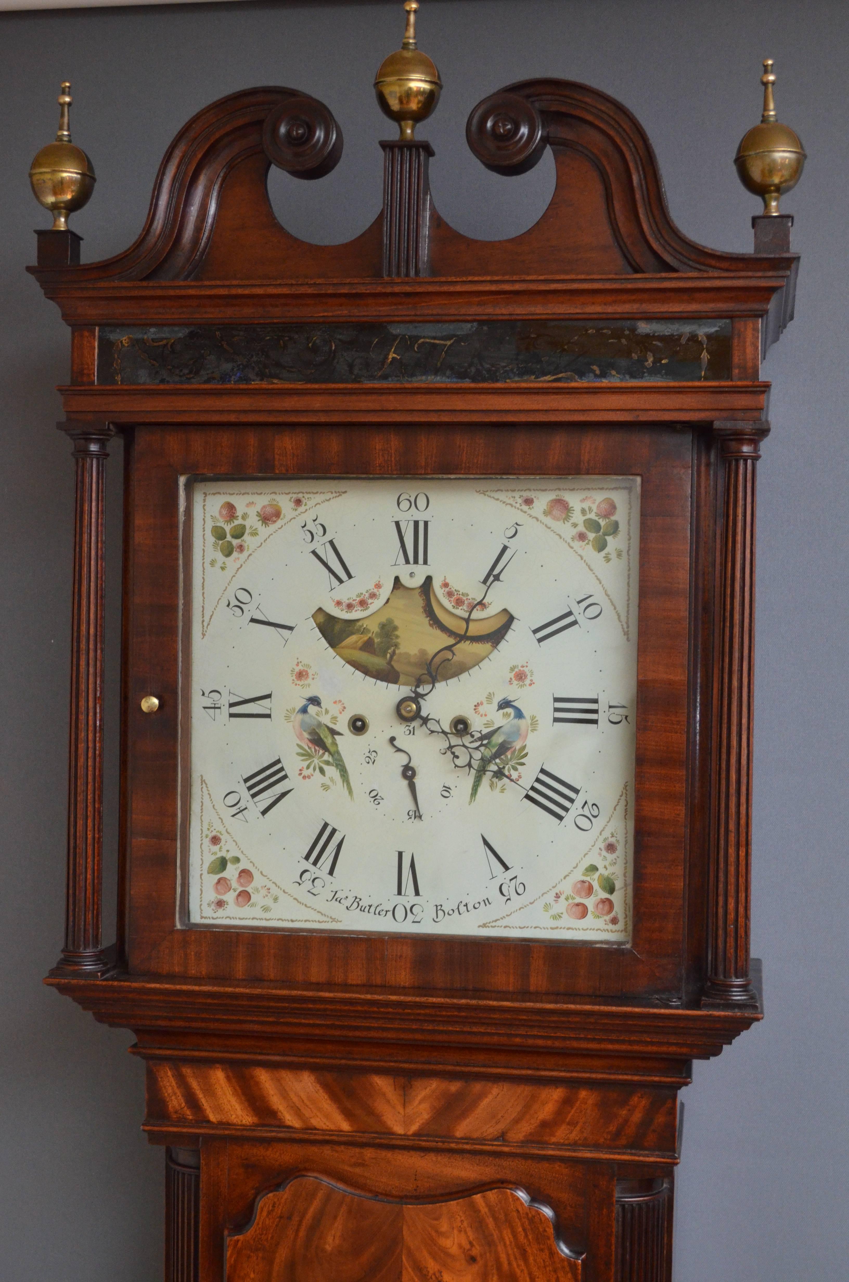 Sn3330 quality Georgian longcase clock, having enamel dial signed J.A.S Butler, Bolton with subsidiary seconds dial, lunar calendar, painted with pastoral landscape with figure, fruit and spandrels, and moon phase, 8-day movement with anchor