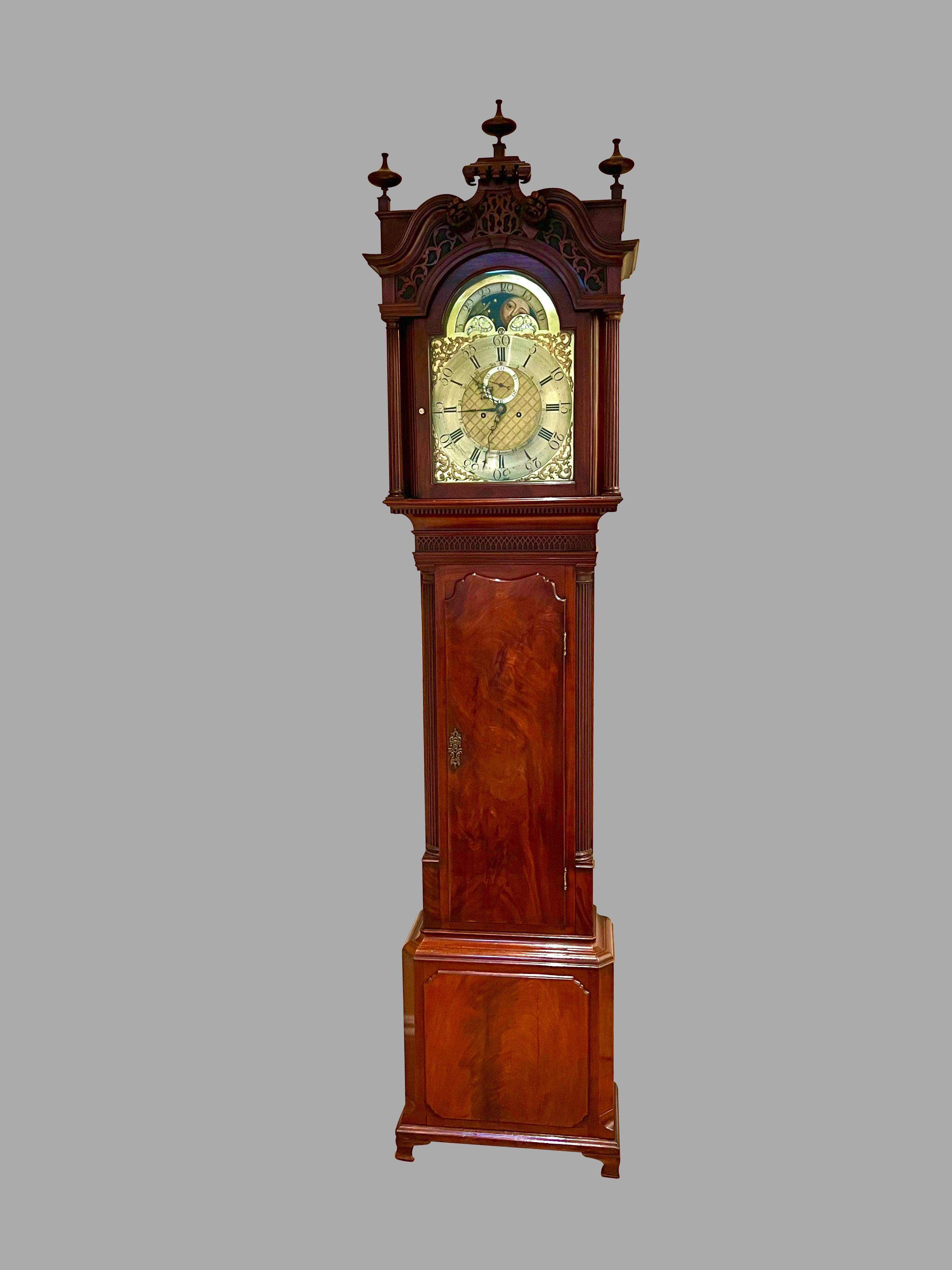 A fine George III mahogany longcase clock with a four pillar 8 day anchor escapement movement, rack strike on bell, made and signed by William Barker of Wigan, circa 1780. The 13