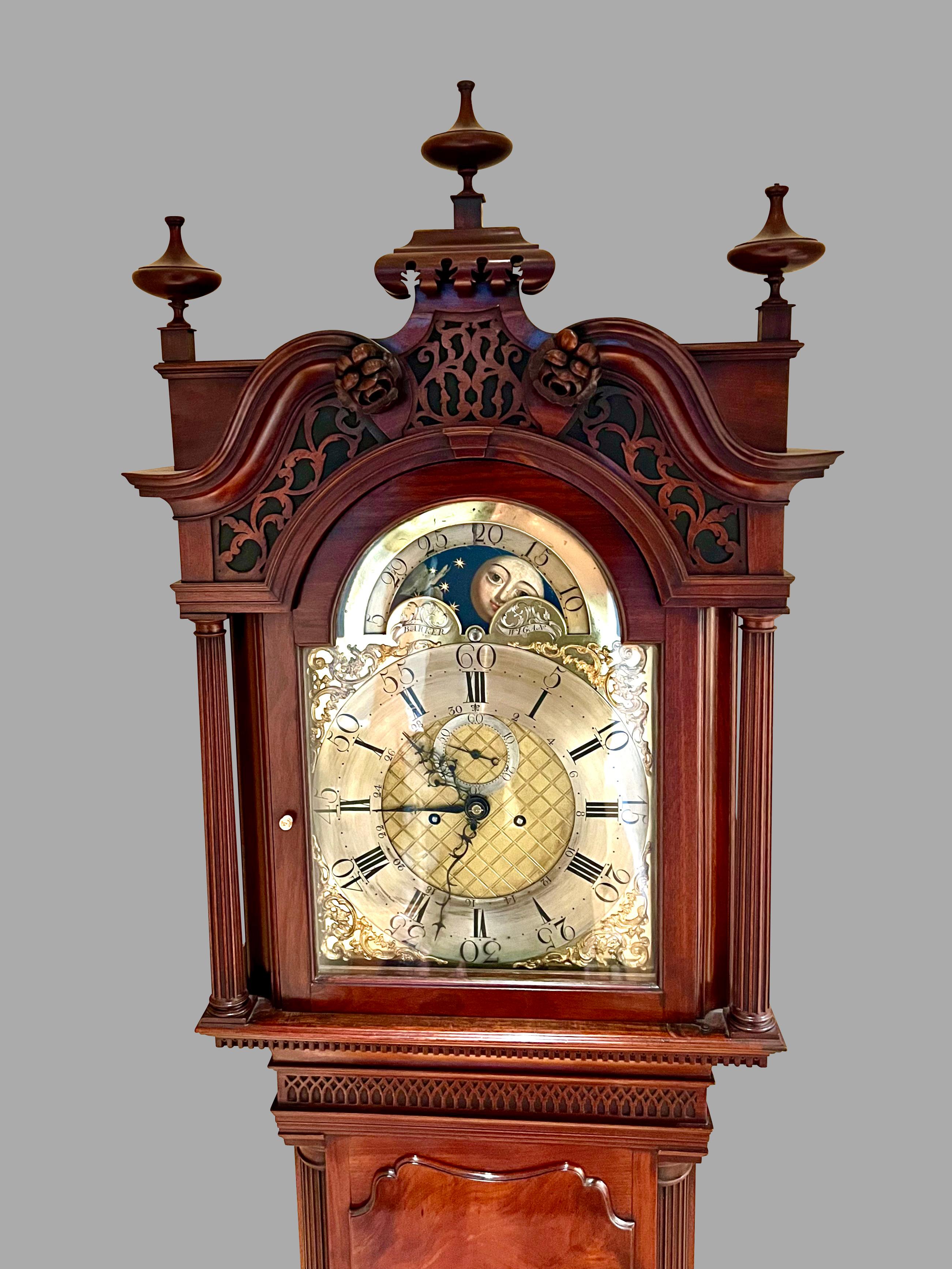 Fine George III Mahogany Tall Case Clock by William Barker 8 Day Time and Strike en Bueno estado para la venta en San Francisco, CA