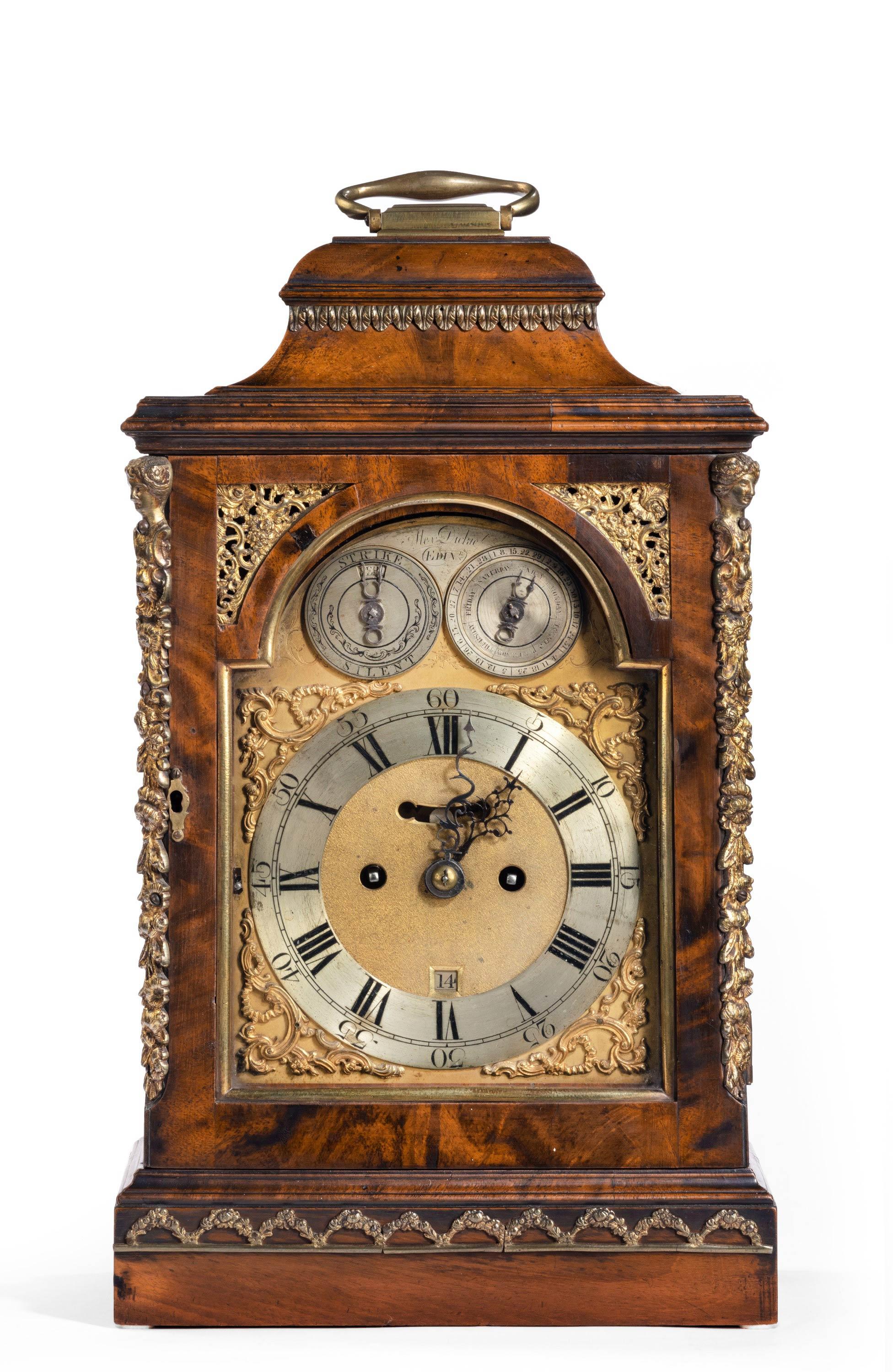 Particularly fine George III period mahogany bracket clock signed Alex Dickie Edinburgh. English, late 18th century. With beautifully cast spandrel's to the dial with silvered inner rings. Two subsidiary dials for the days of the week and strike