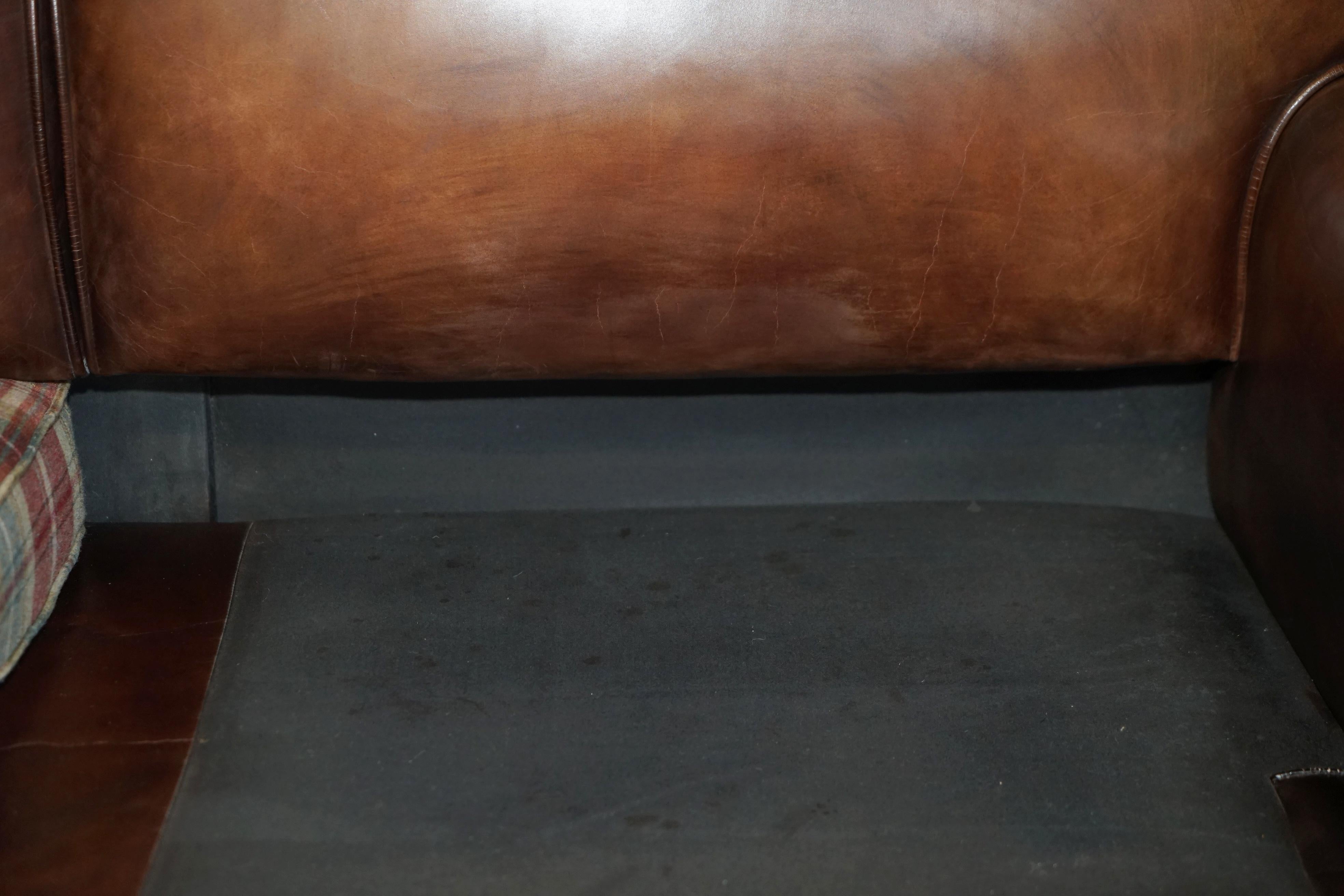 FINE GEORGE SMITH HOWARD BROWN LEATHER SIGNATURE SCROLL ARM SOFA TARTAN CUSHIONs For Sale 5