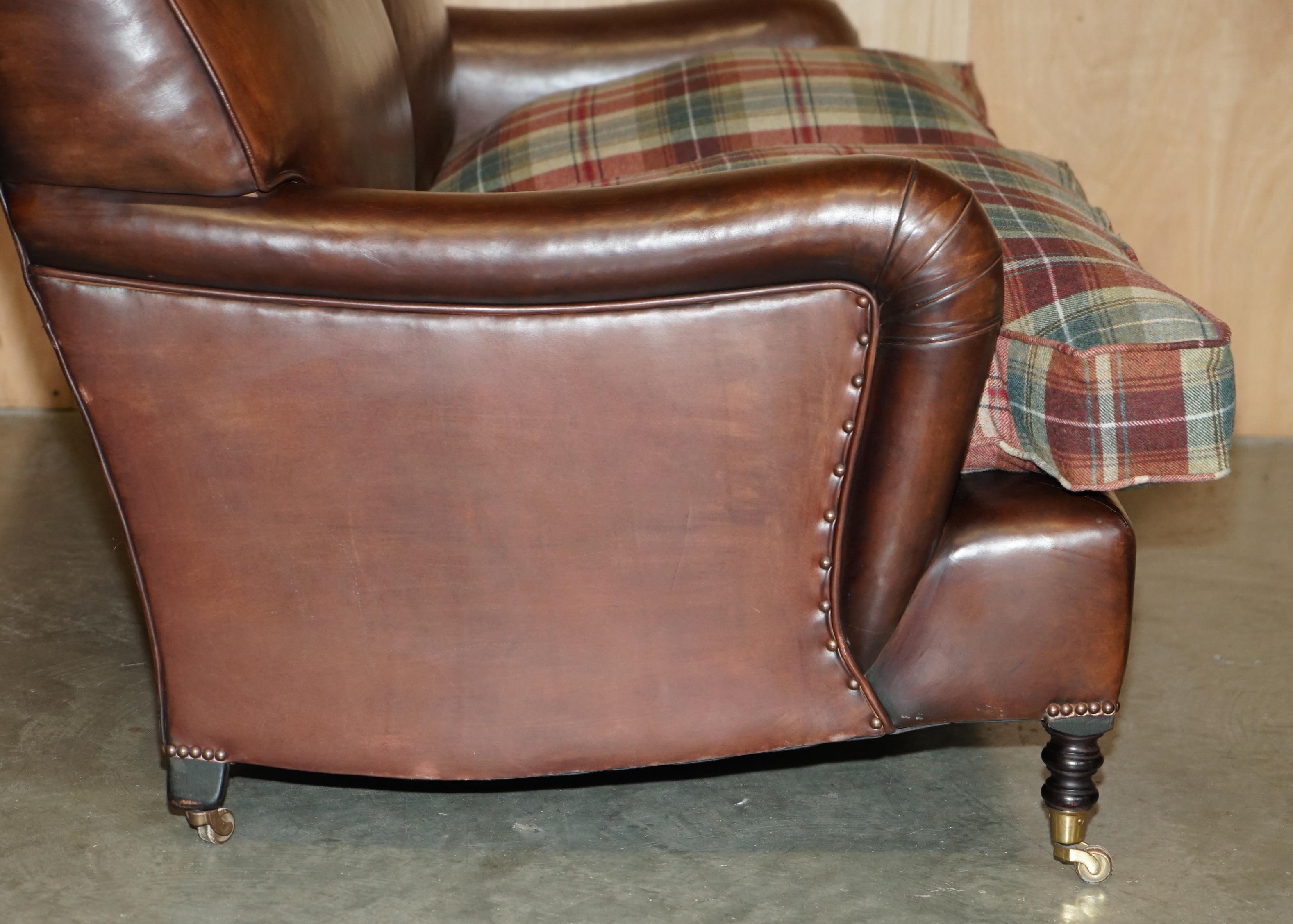 FINE GEORGE SMITH HOWARD BROWN LEATHER SIGNATURE SCROLL ARM SOFA TARTAN CUSHIONs For Sale 7