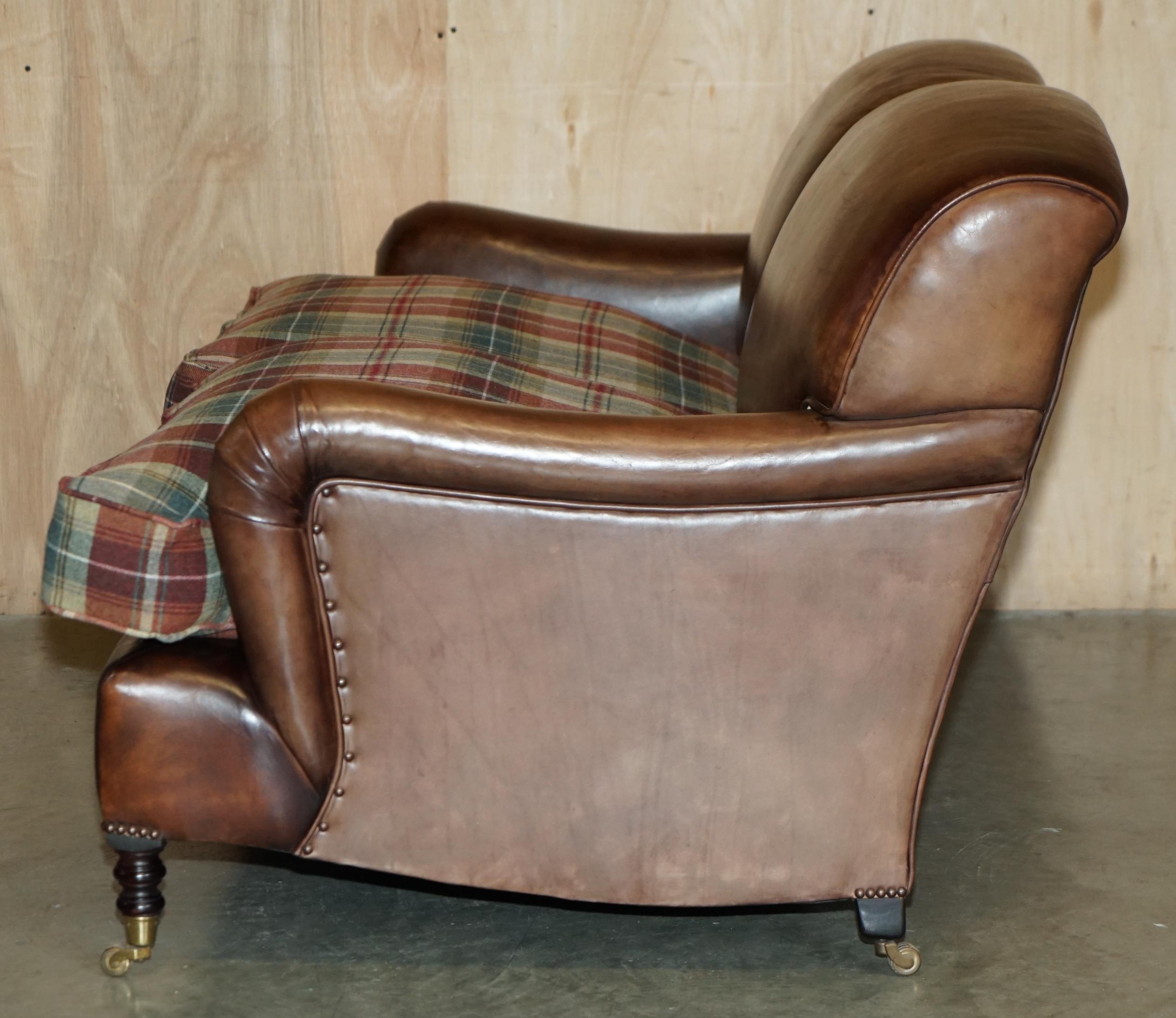 FINE GEORGE SMITH HOWARD BROWN LEATHER SIGNATURE SCROLL ARM SOFA TARTAN CUSHIONs For Sale 9