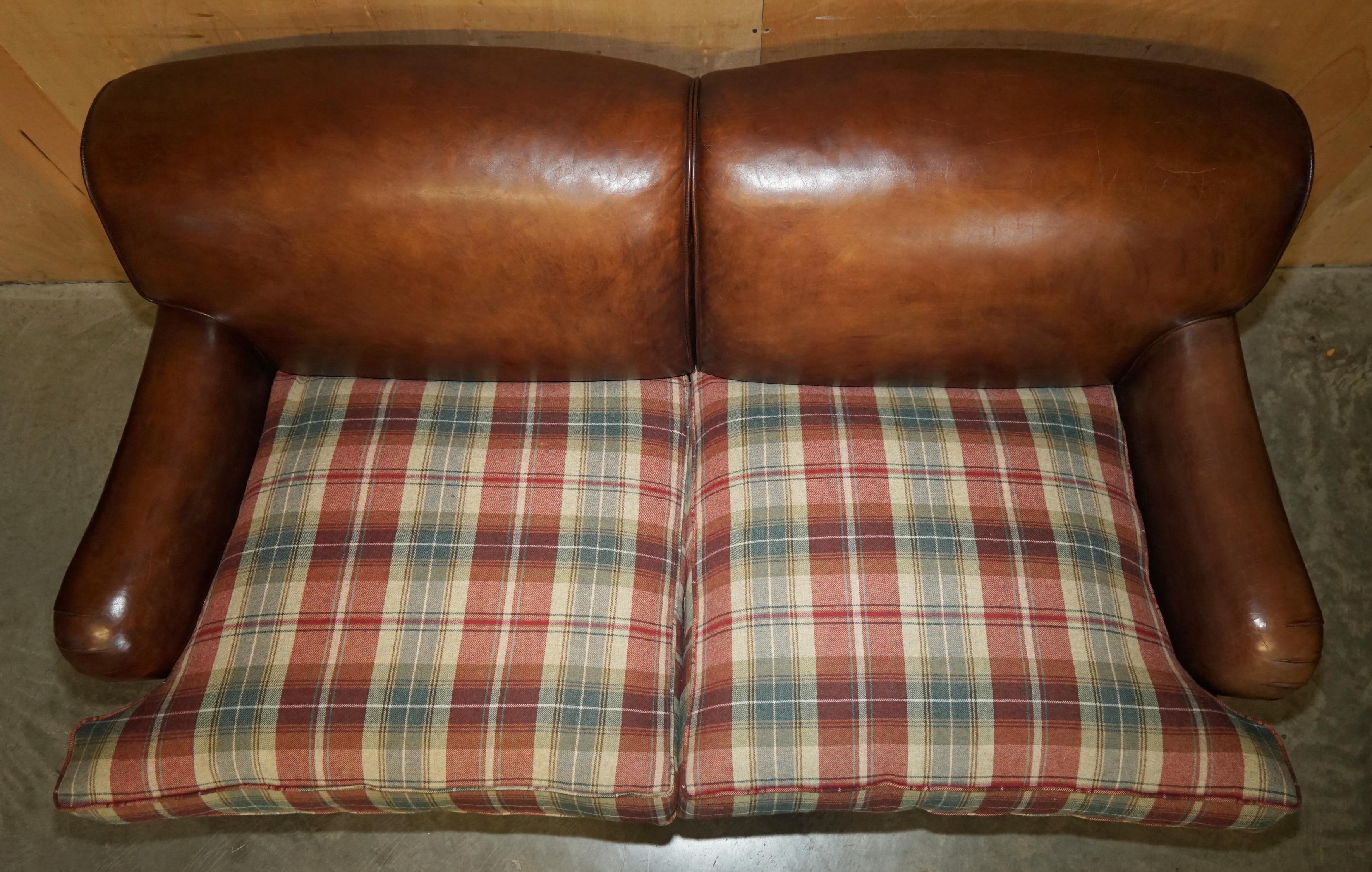 Country FINE GEORGE SMITH HOWARD BROWN LEATHER SIGNATURE SCROLL ARM SOFA TARTAN CUSHIONs For Sale