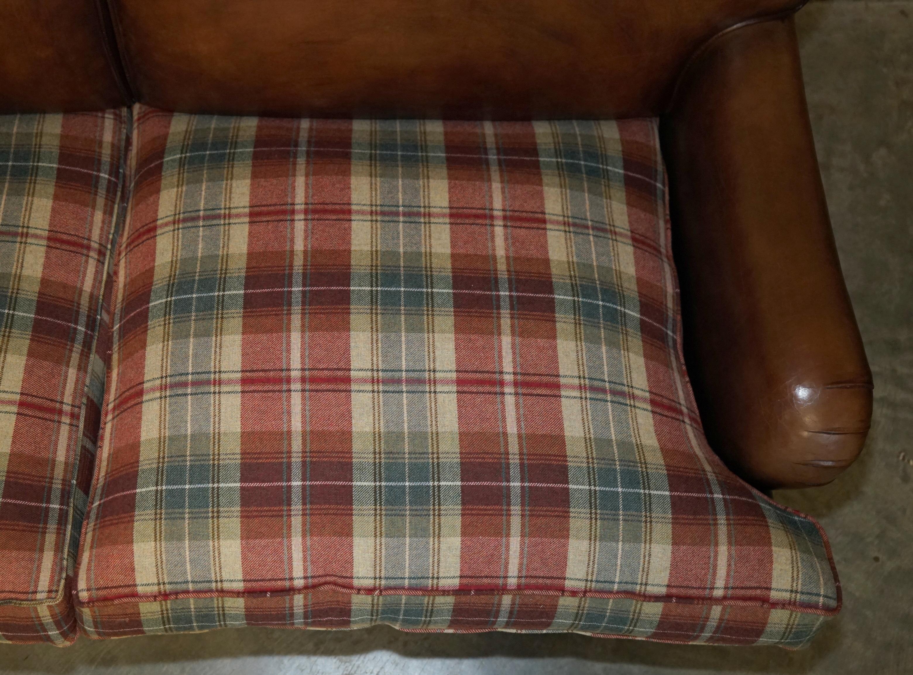 English FINE GEORGE SMITH HOWARD BROWN LEATHER SIGNATURE SCROLL ARM SOFA TARTAN CUSHIONs For Sale