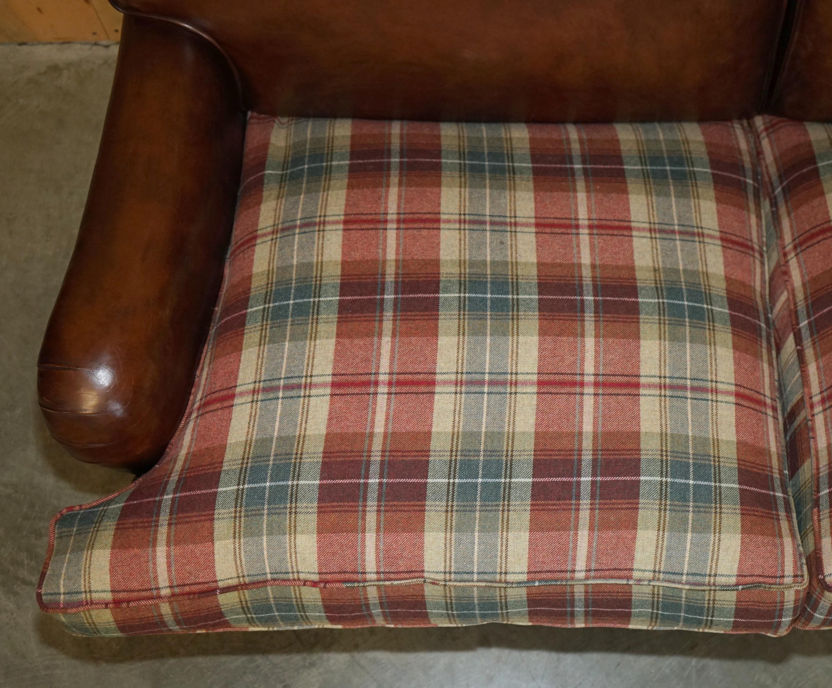Hand-Crafted FINE GEORGE SMITH HOWARD BROWN LEATHER SIGNATURE SCROLL ARM SOFA TARTAN CUSHIONs For Sale