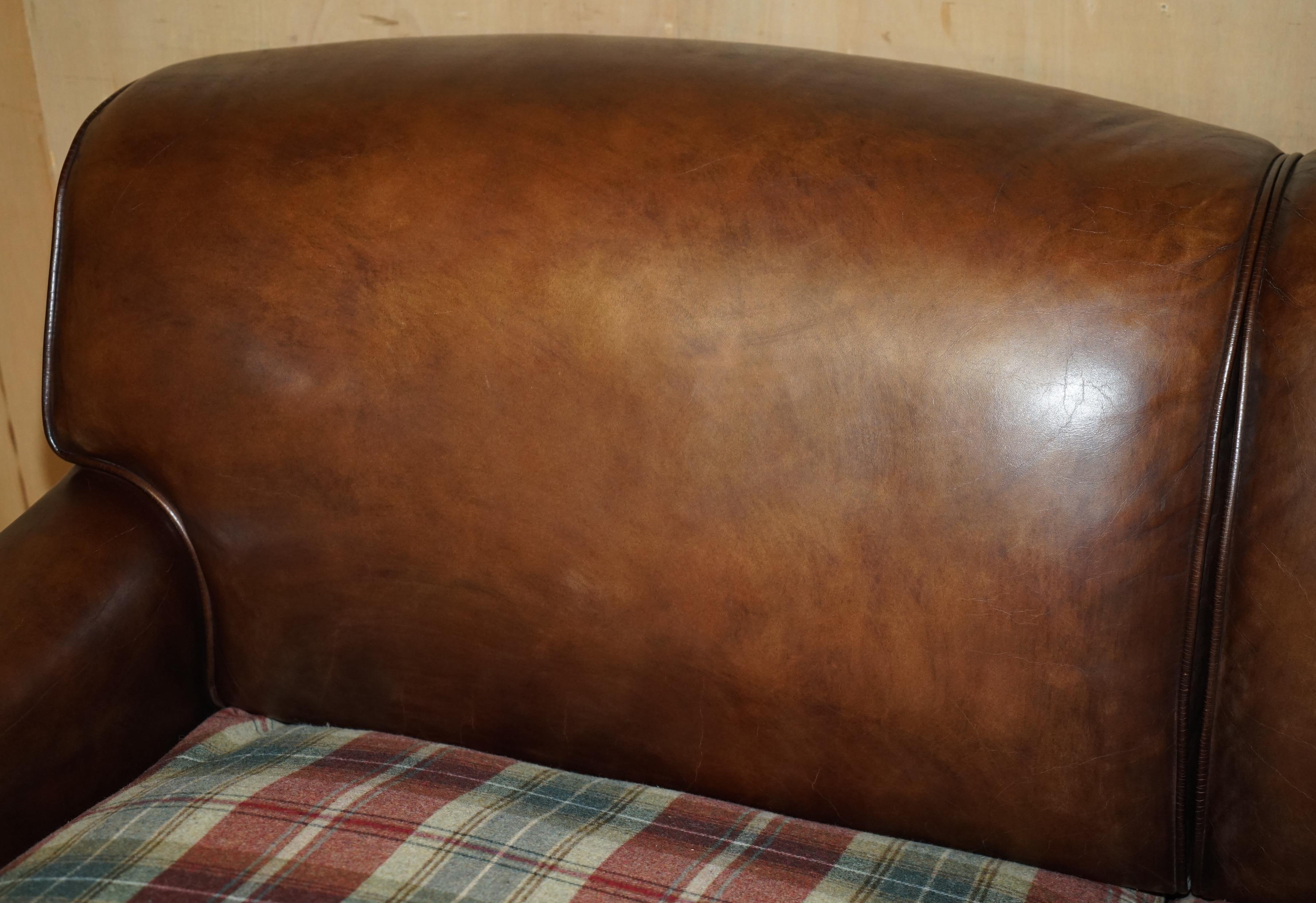20th Century FINE GEORGE SMITH HOWARD BROWN LEATHER SIGNATURE SCROLL ARM SOFA TARTAN CUSHIONs For Sale
