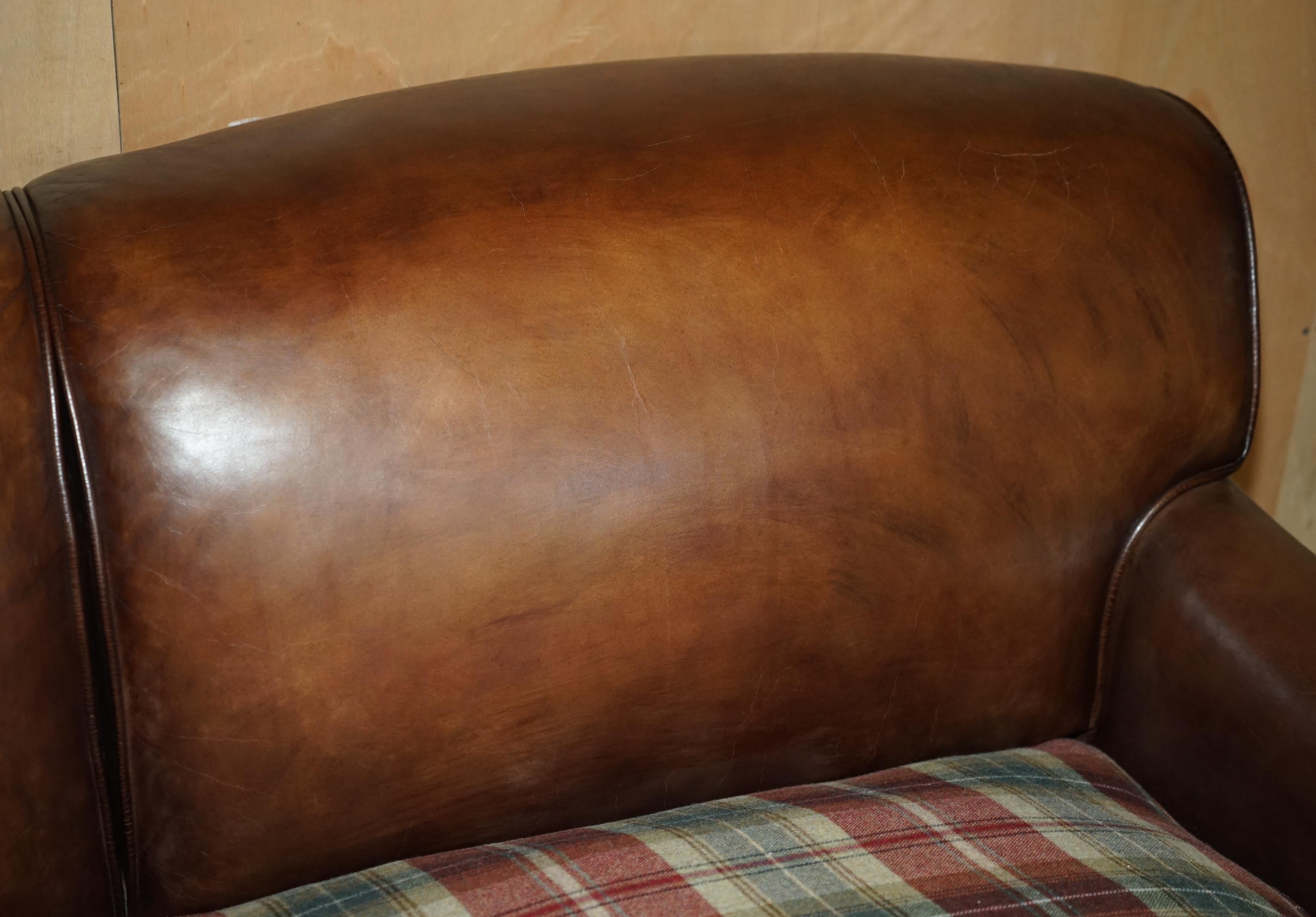 Leather FINE GEORGE SMITH HOWARD BROWN LEATHER SIGNATURE SCROLL ARM SOFA TARTAN CUSHIONs For Sale