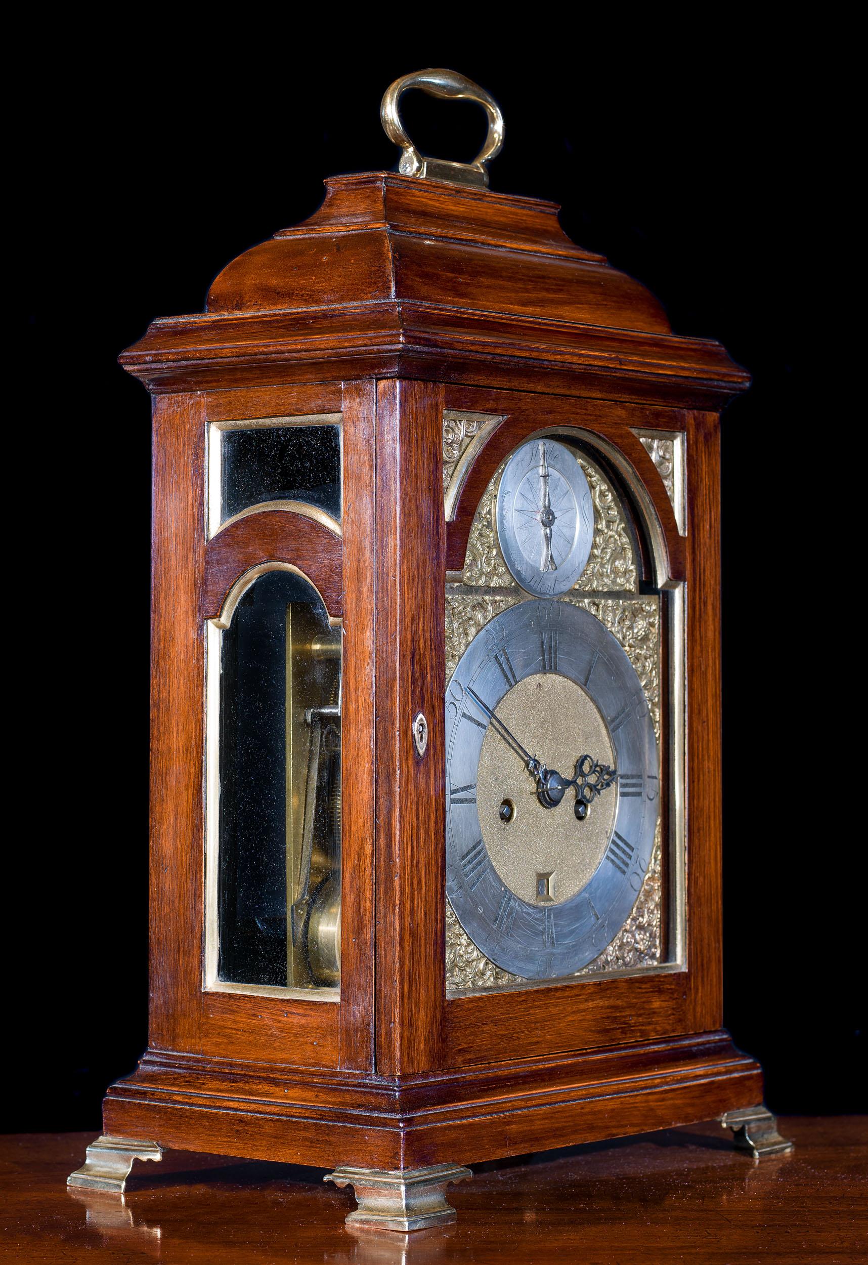 A fine Georgian walnut bracket clock by John Greaves of Newcastle (born c.1725 and active between 1745-94) with an eight day five pillar twin train fusee movement and anchor escapement. The clockface has a beautifully silvered chapter ring and