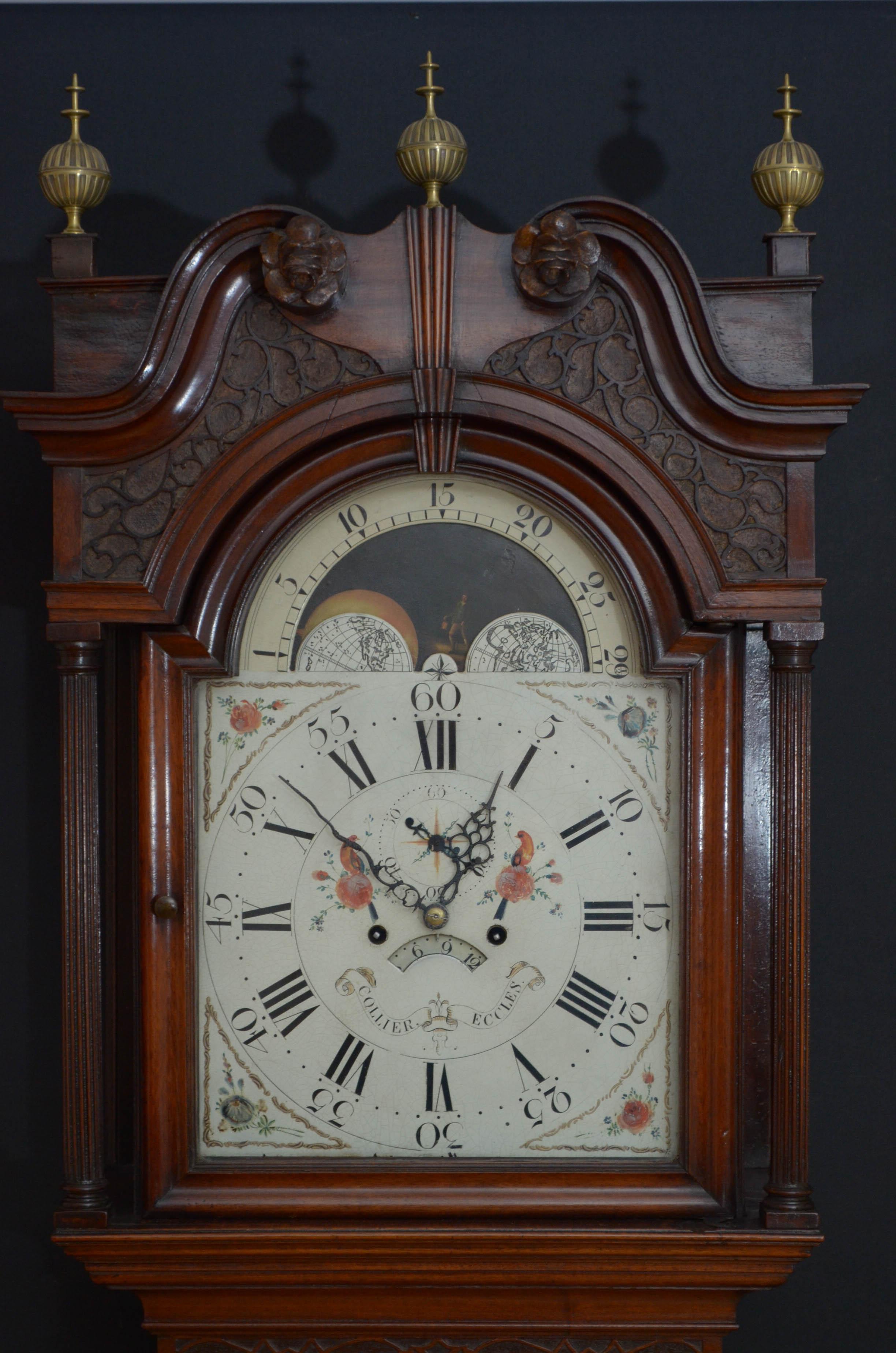 Sn4734 fine quality Georgian, mahogany, moon phase grandfather clock, having original enamelled dial signed Collier, Eccles with subsidiary seconds and date aperture, Roman and Arabic numerals and moon phase to arched top, two train 8-day movement