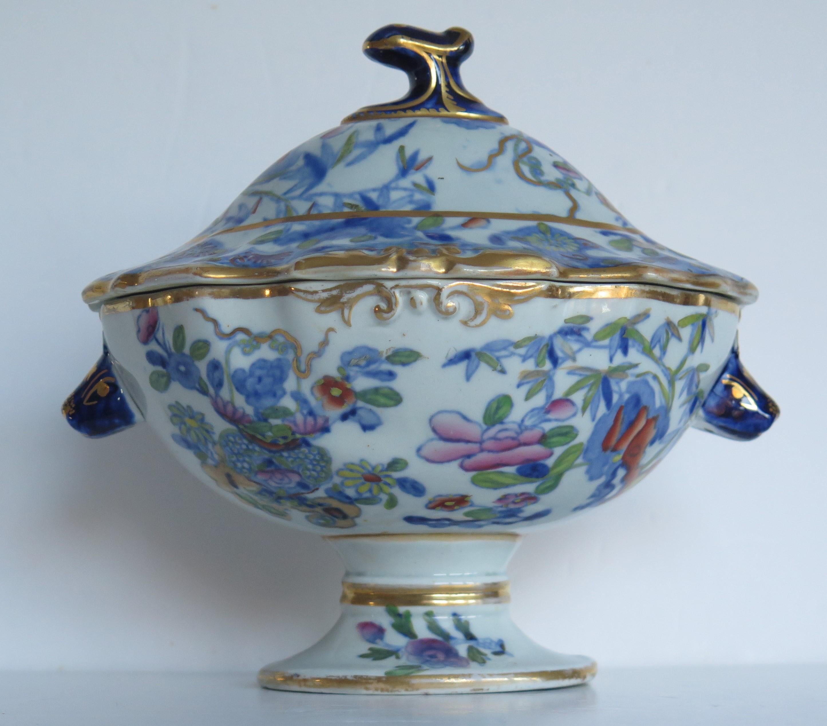 Chinoiserie Georgian Masons Ironstone Sauce Tureen & Cover Bamboo & Basket Ptn, Circa 1820
