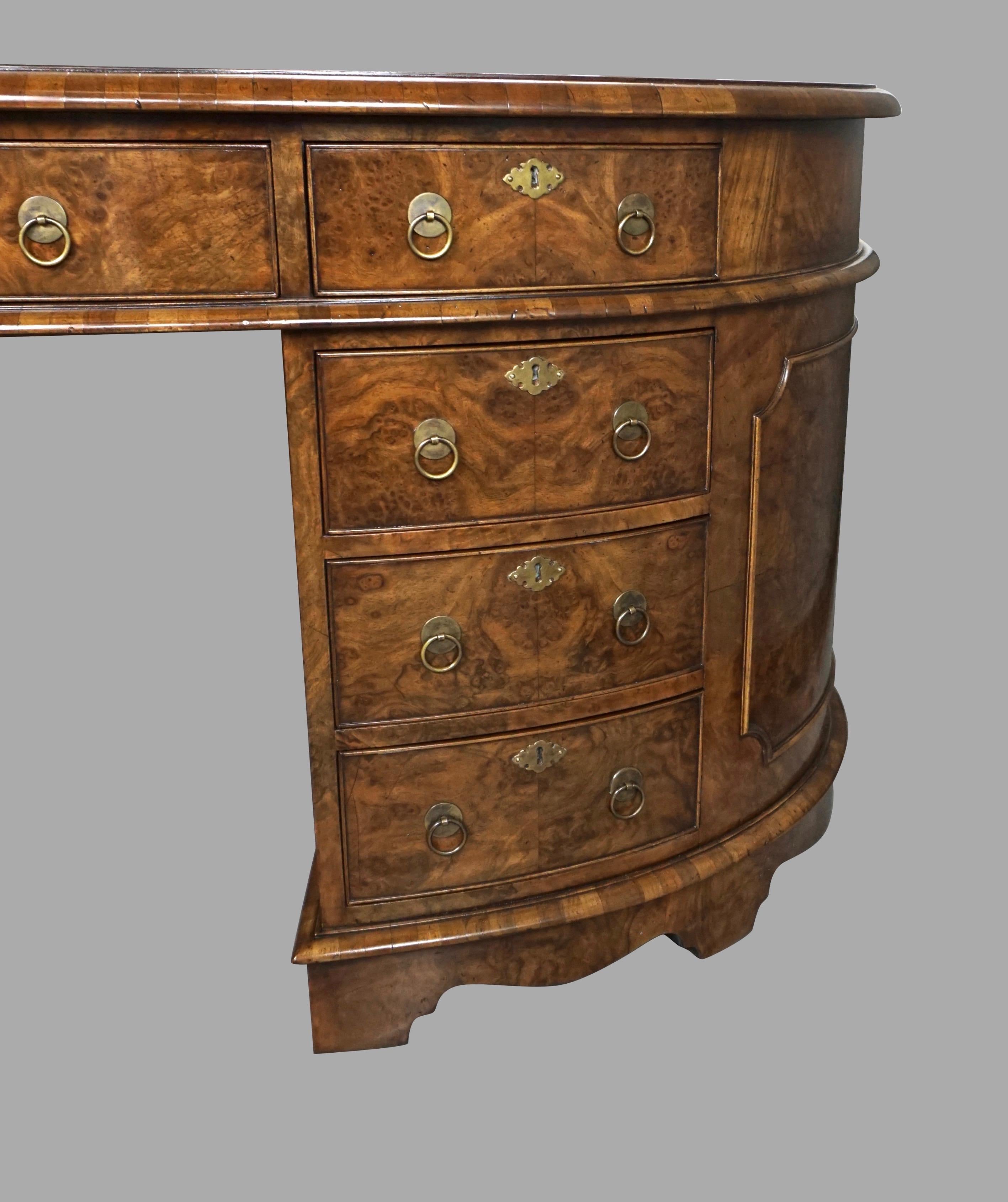 English Fine Georgian Style Burl Walnut Oval Partners Desk with Tooled Leather Top