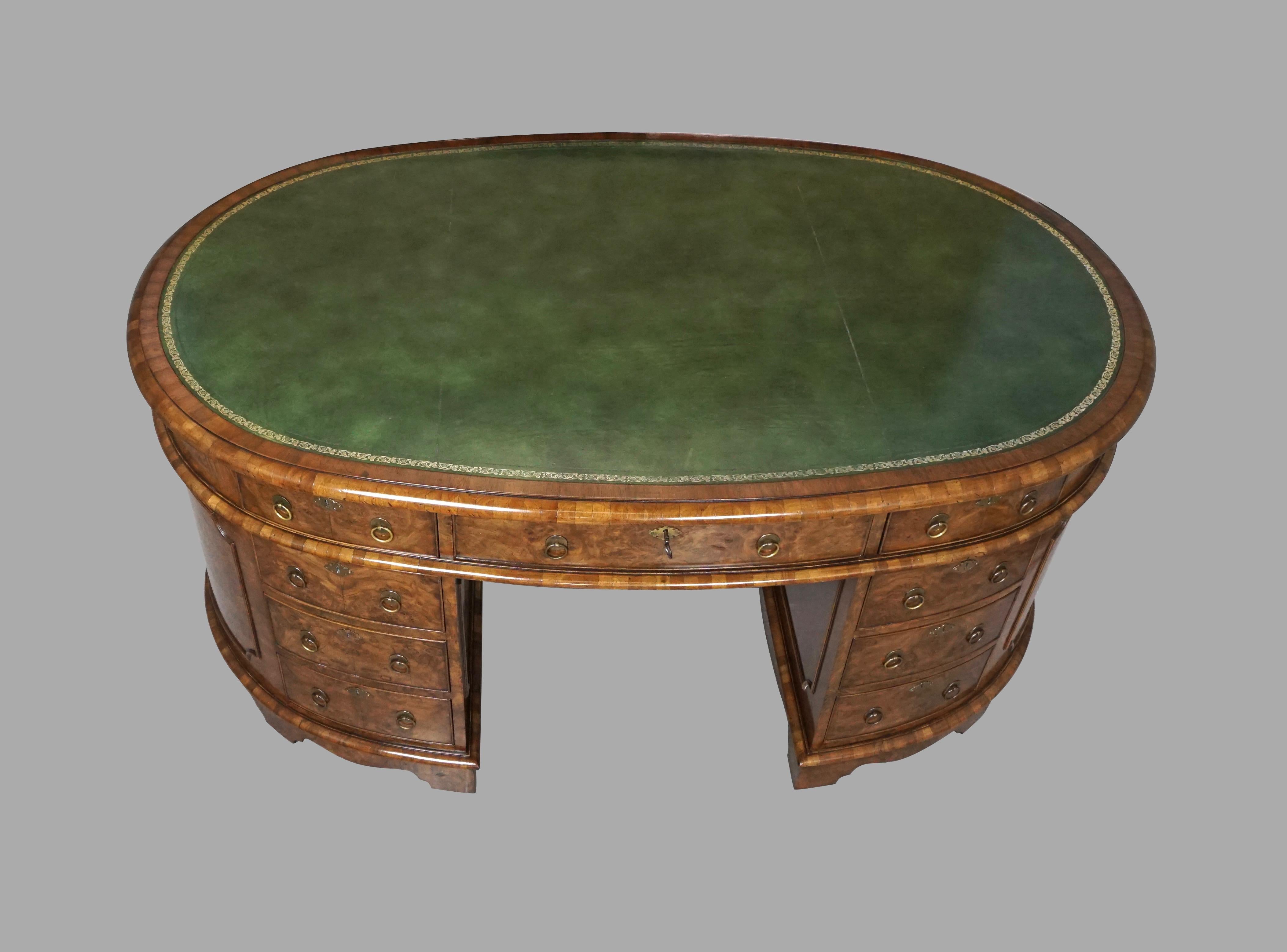 Fine Georgian Style Burl Walnut Oval Partners Desk with Tooled Leather Top In Good Condition In San Francisco, CA