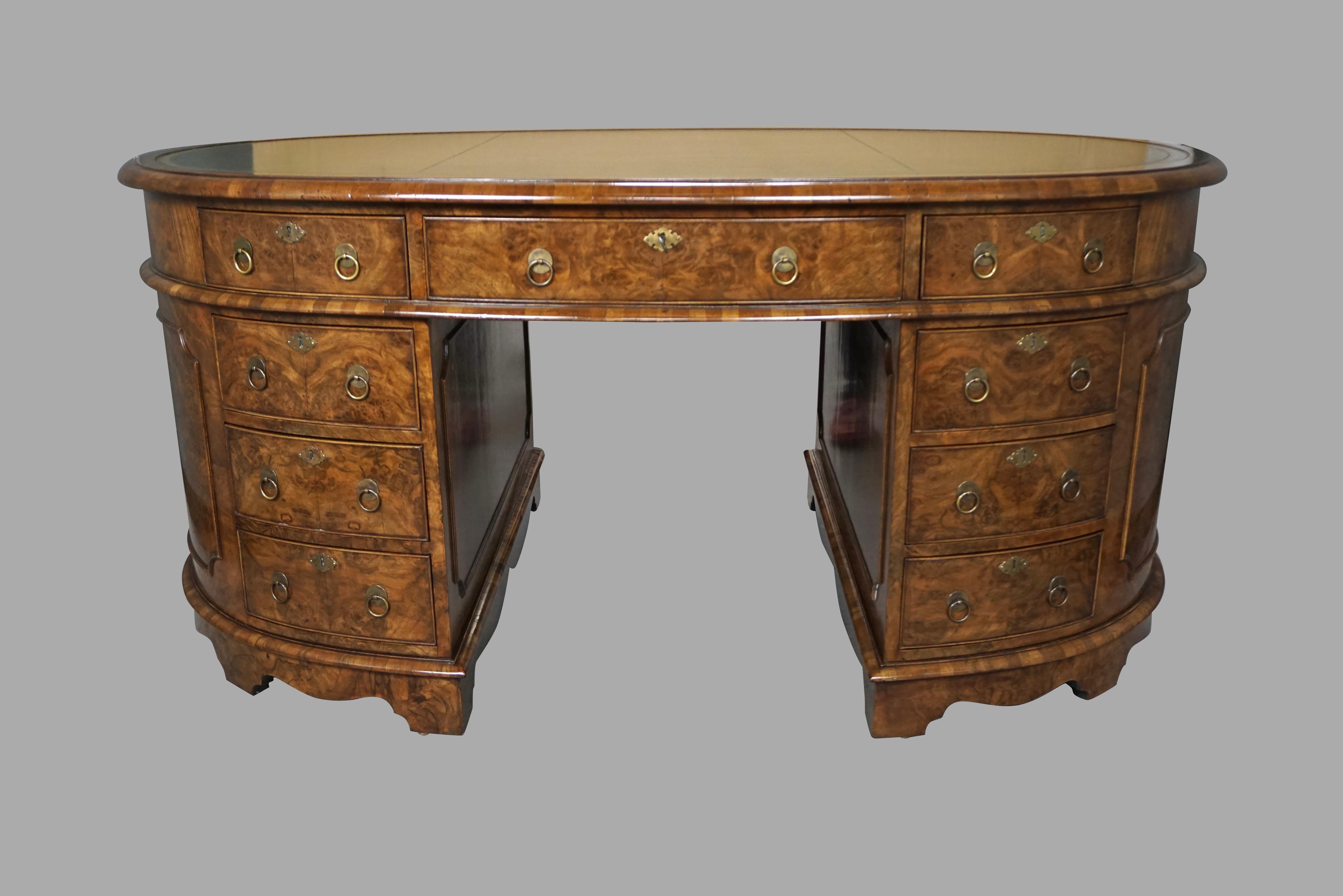 19th Century Fine Georgian Style Burl Walnut Oval Partners Desk with Tooled Leather Top