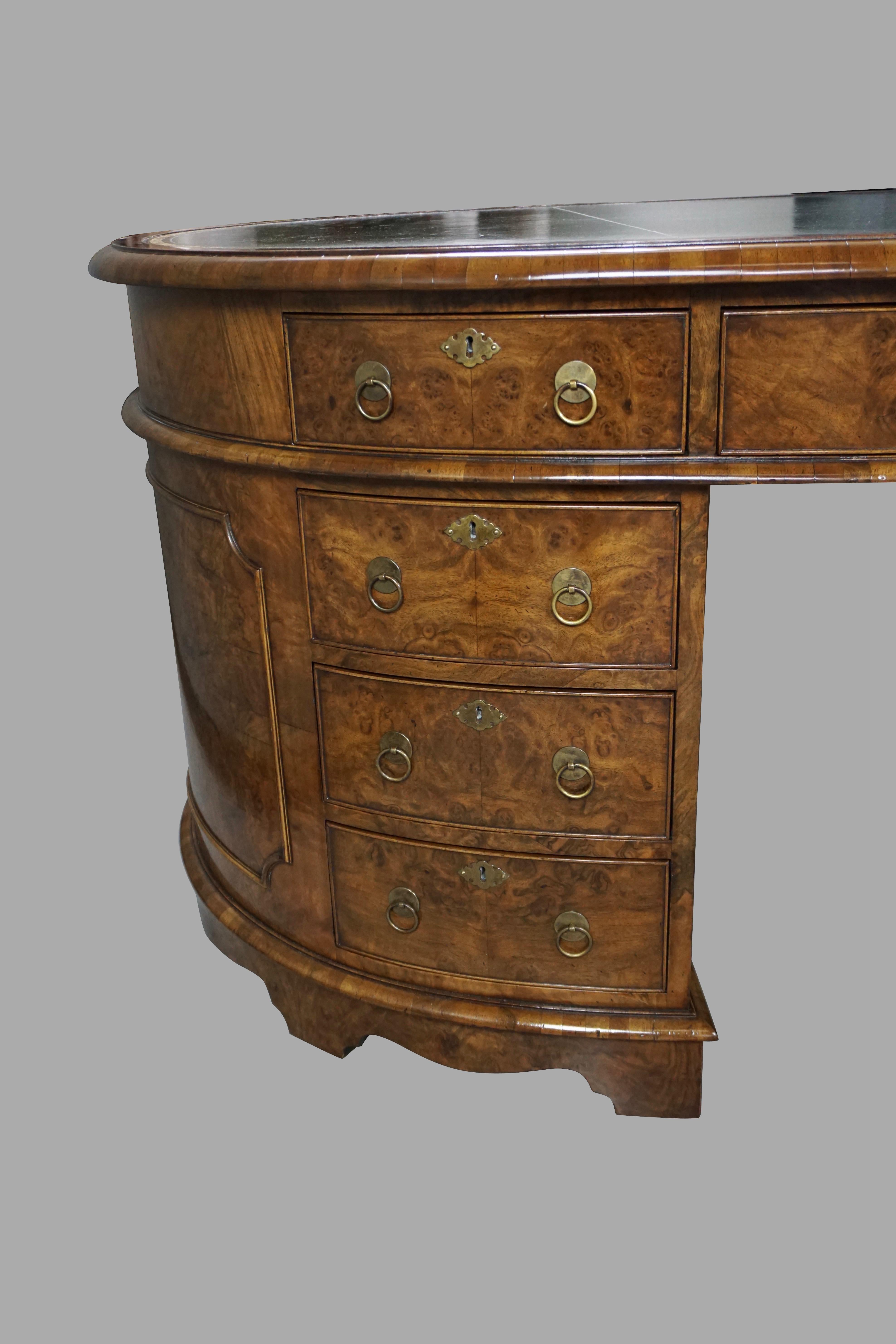 Fine Georgian Style Burl Walnut Oval Partners Desk with Tooled Leather Top 1