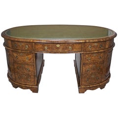 Antique Fine Georgian Style Burl Walnut Oval Partners Desk with Tooled Leather Top